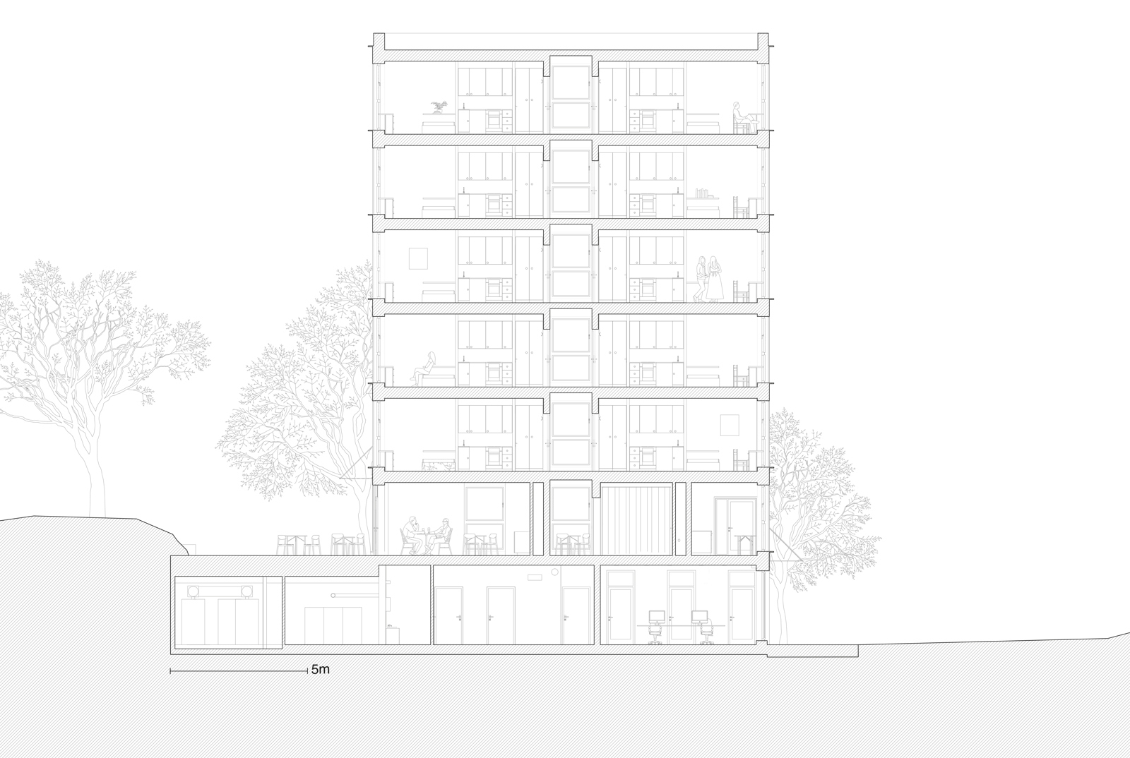 Snitt gjennom studentbolig blokk, arkitekt tegning.