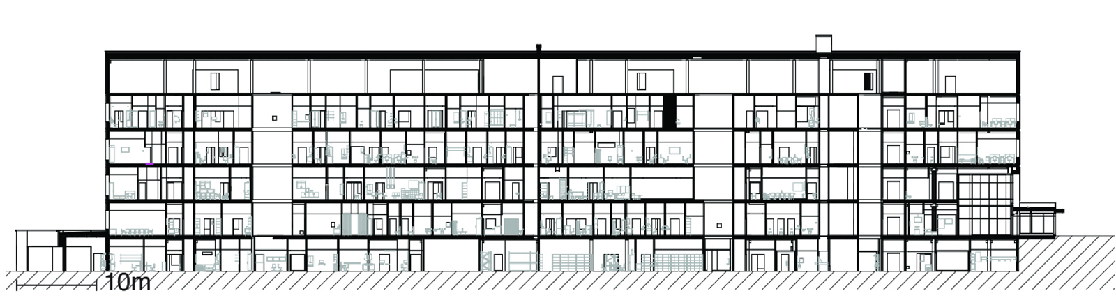 Snitt gjennom sykehus. Arkitekt tegning.