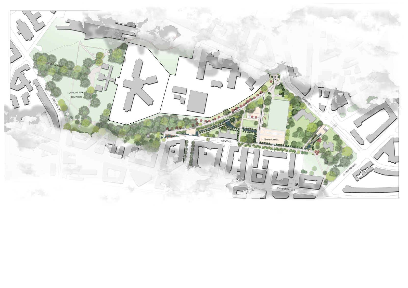 Situasjonsplan over park. Arkitekt tegning.