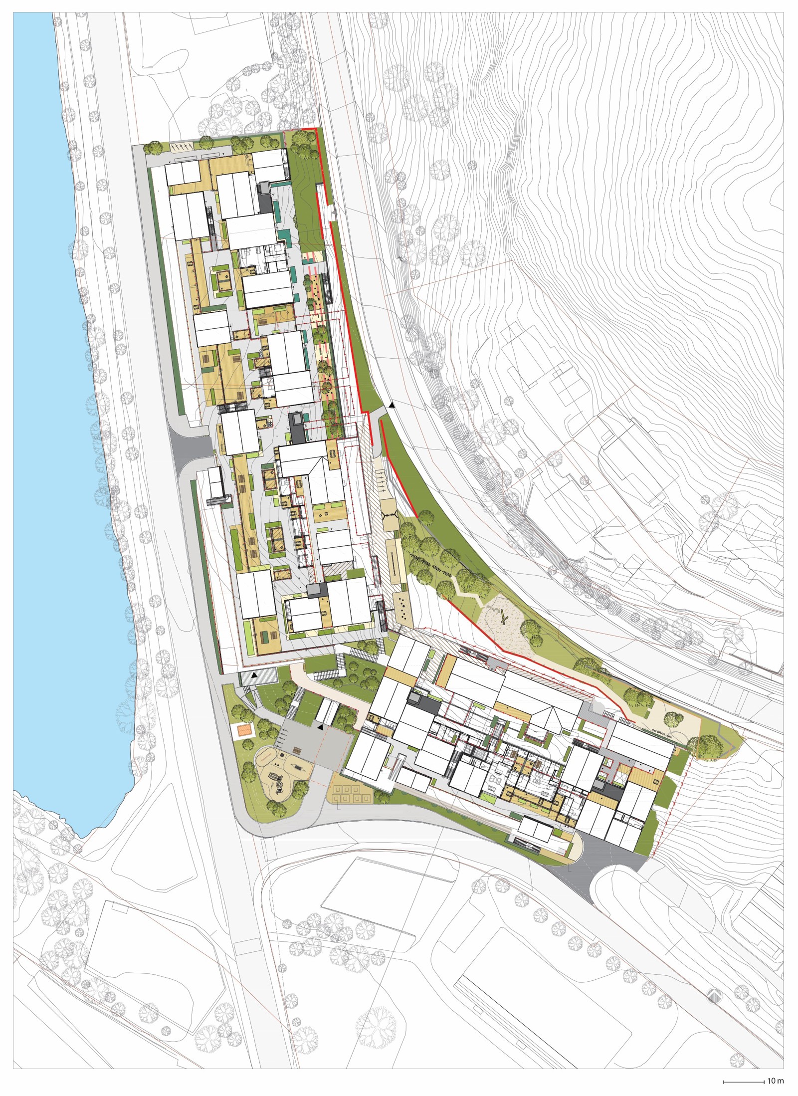 Landskapsplan av boligprosjekt i kontekst. Arkitekt tegning.