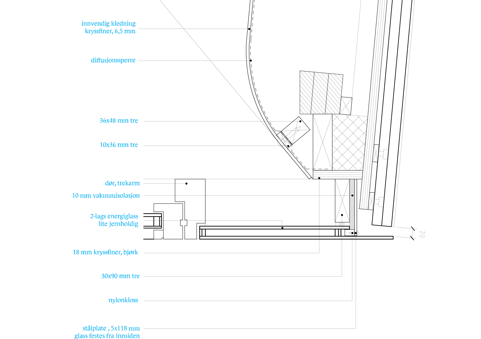 Detalj snitt av fasade på hytte med forklarende tekst. Arkitekt tegning.