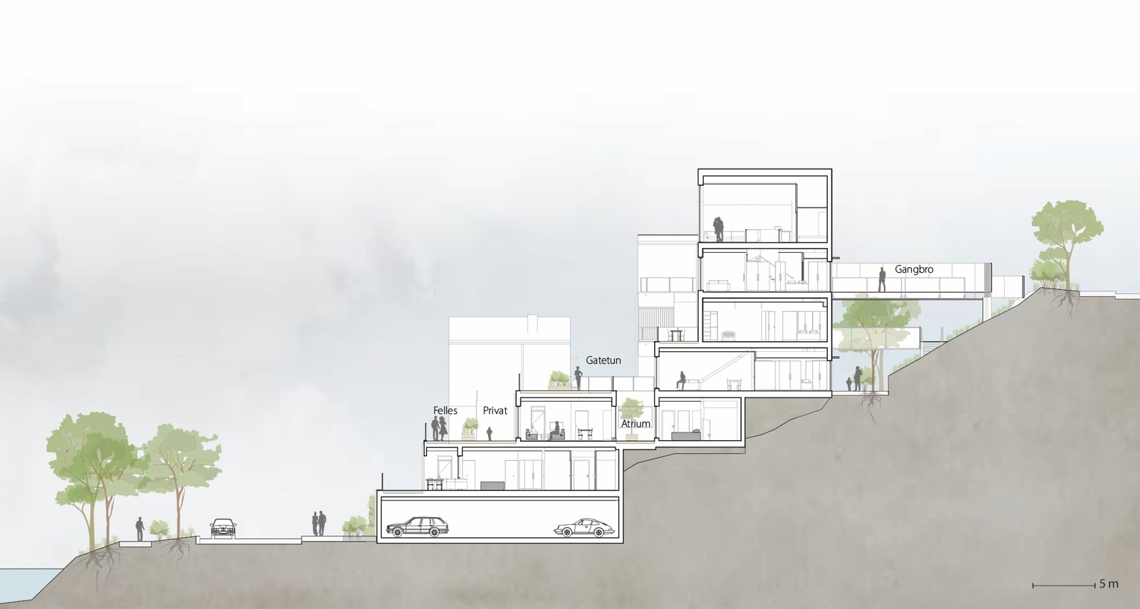 Snitt av boligprosjekt. Arkitekt tegning.