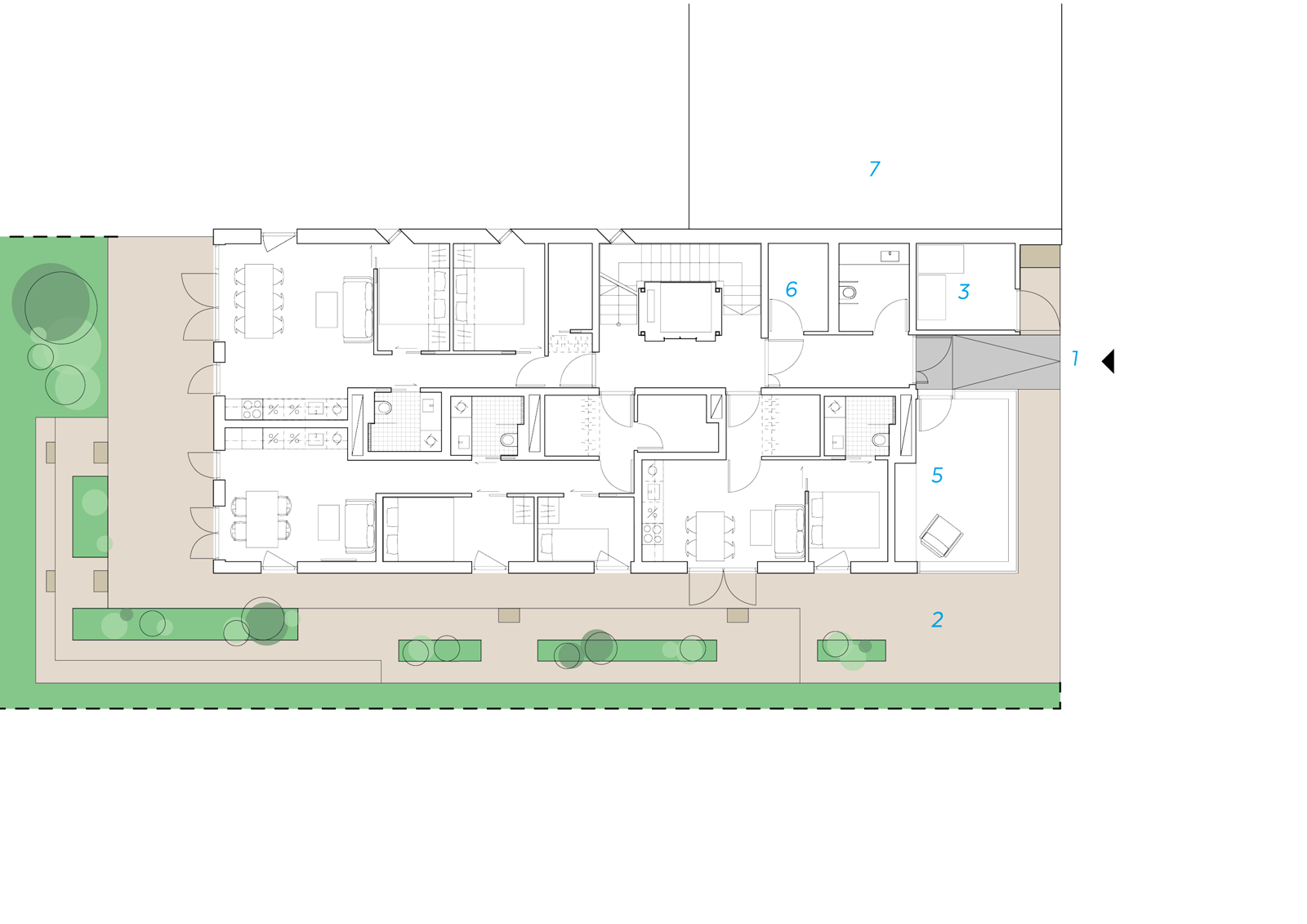 Plan av første etasje på boligblokk som også viser grønt på utsiden. Arkitekt tegning.