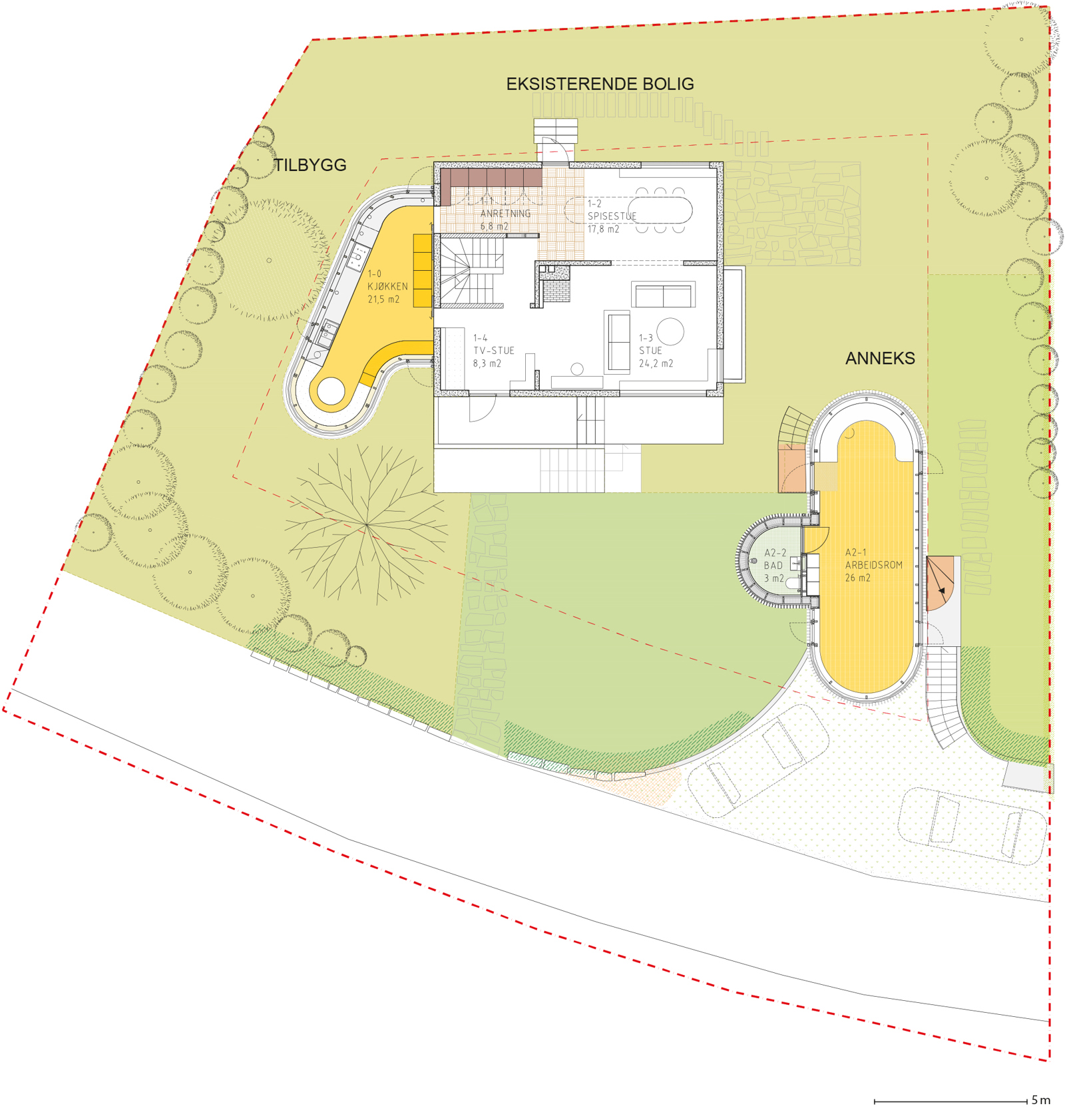 Situasjonsplan av enebolig på tomt. Arkitekt tegning.
