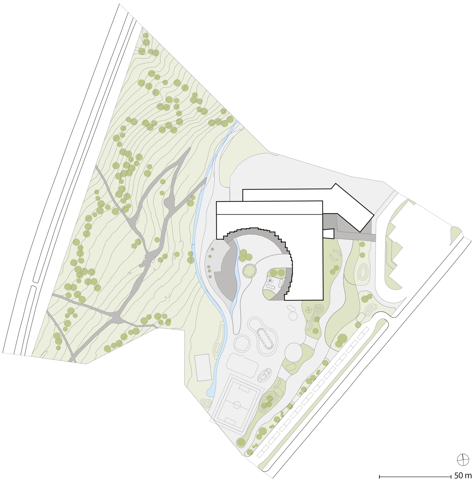 Situasjonsplan som viser skole i kontekst, arkitekt tegning.