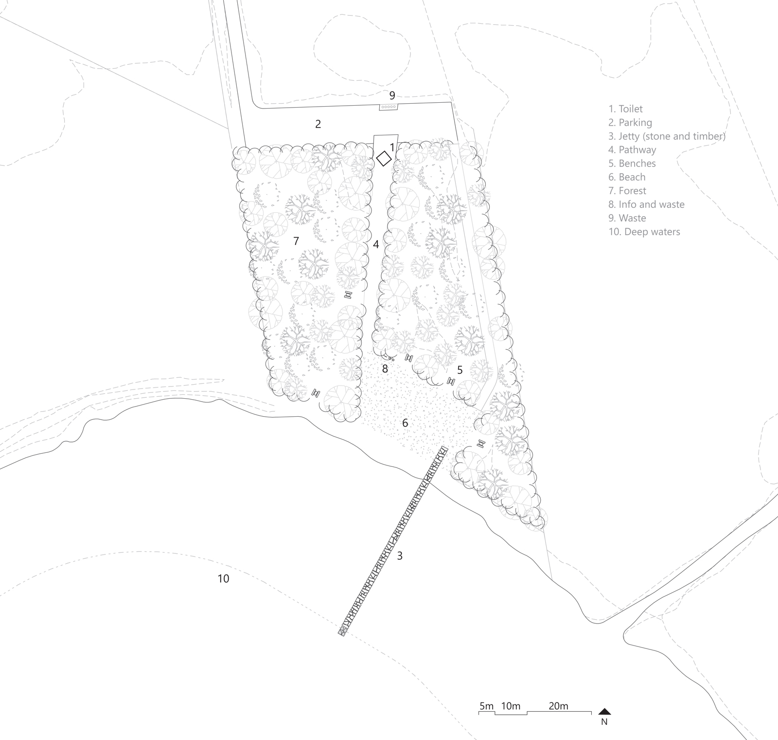 Situasjonsplan over rasteplass med sti, sittegrupper, toalettbygg og parkering.