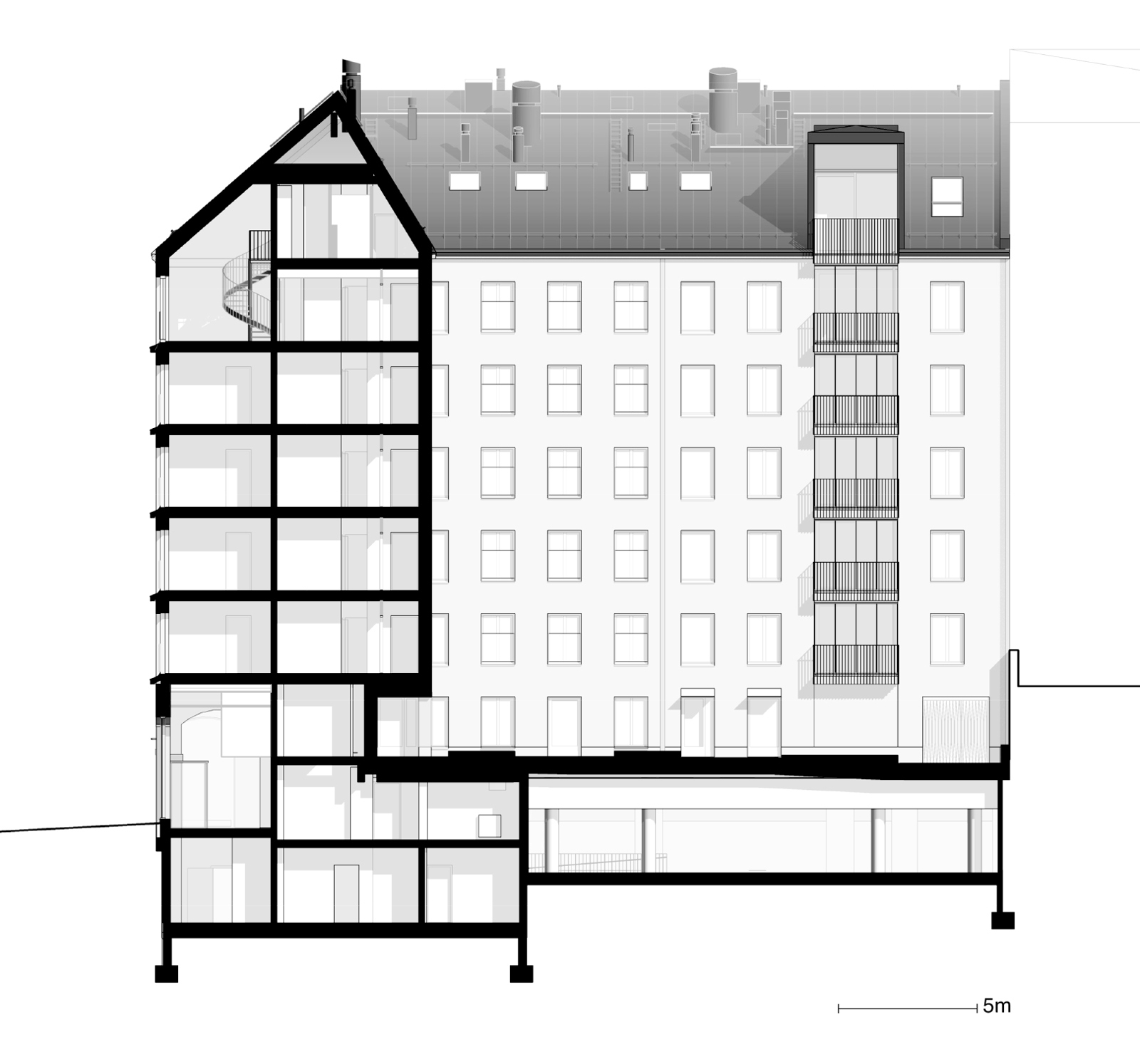 Snitt av boligblokk med oppriss av fasade, arkitekt tegning.
