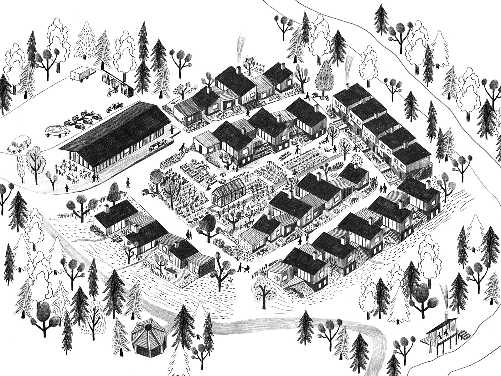 Aksonometrisk tegning i svart hvitt som viser et nytt boligfelt med et felleshus. Illustrasjon.