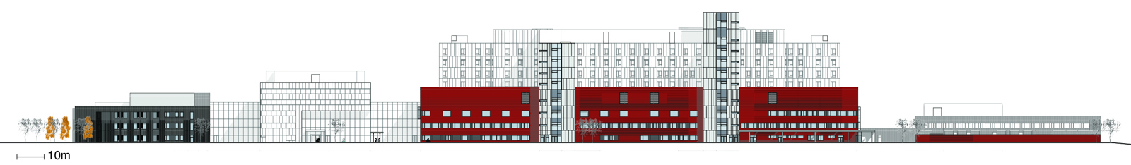 Fasade tegning av Vest fasaden på Drammen sykehus. Arkitekt tegning.
