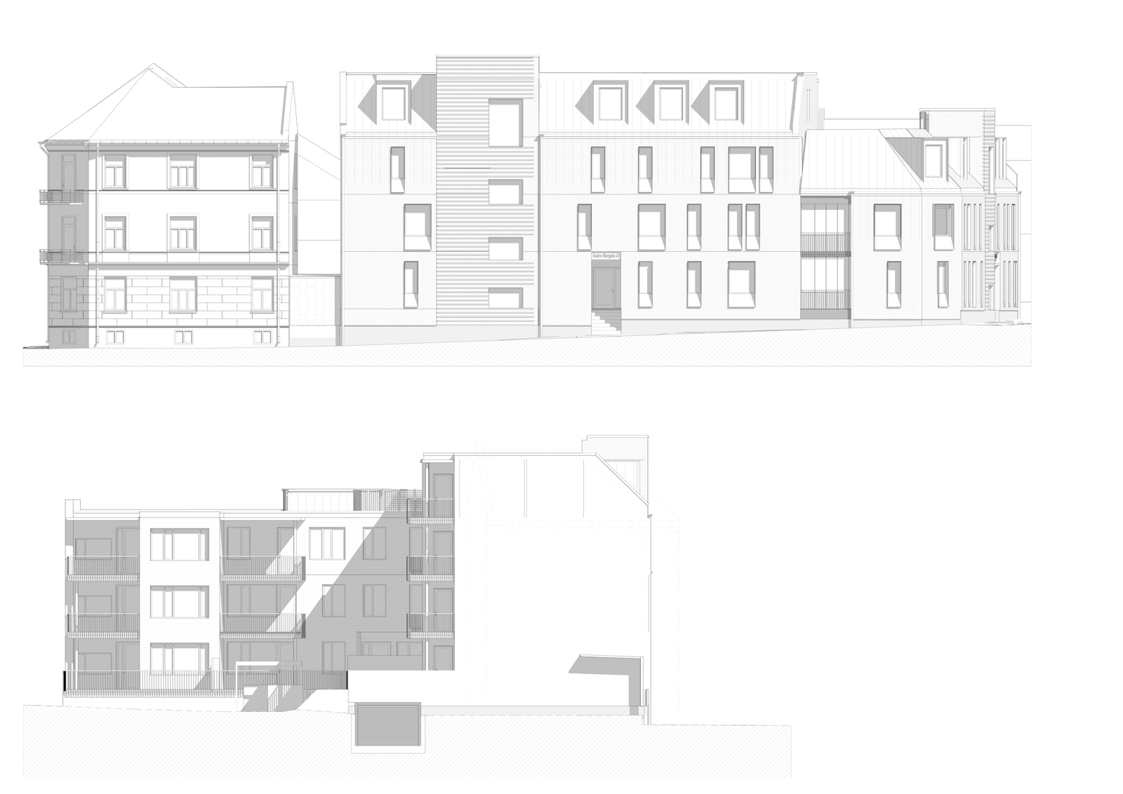 To fasader av boligblokk. Arkitekt tegning.