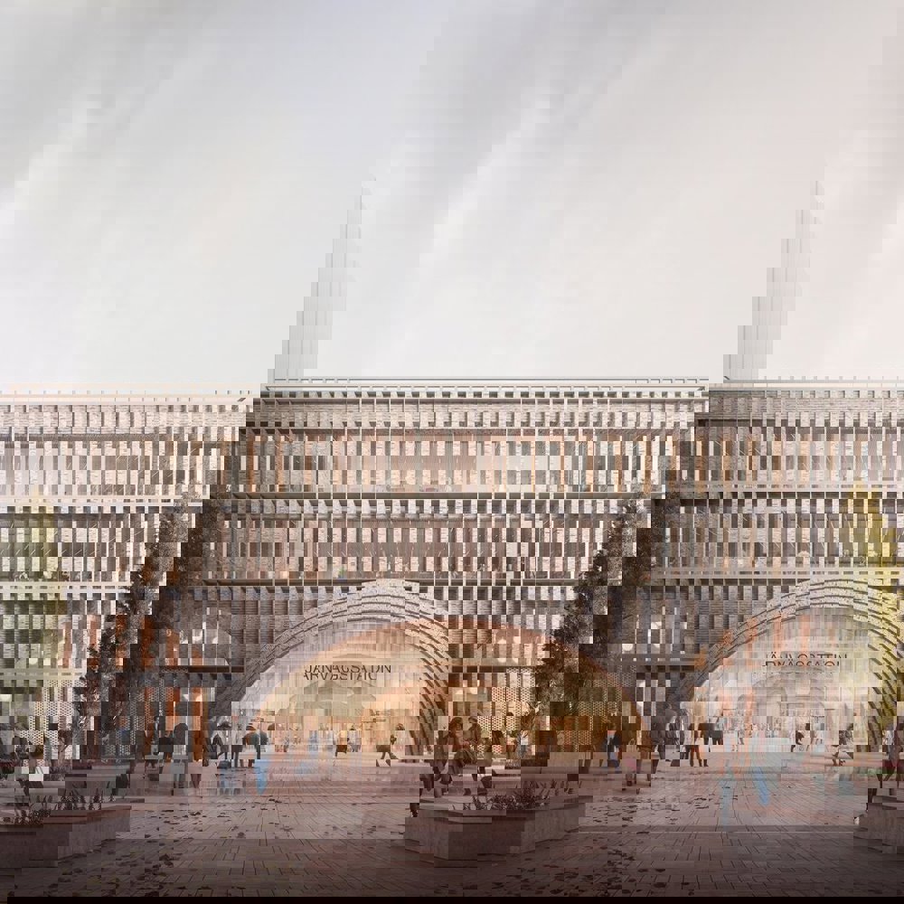 Illustrasjon av Reiulf Ramstad Arkitekters forslag til nytt stasjonsbygg ved sentralstasjonen i Gøteborg.