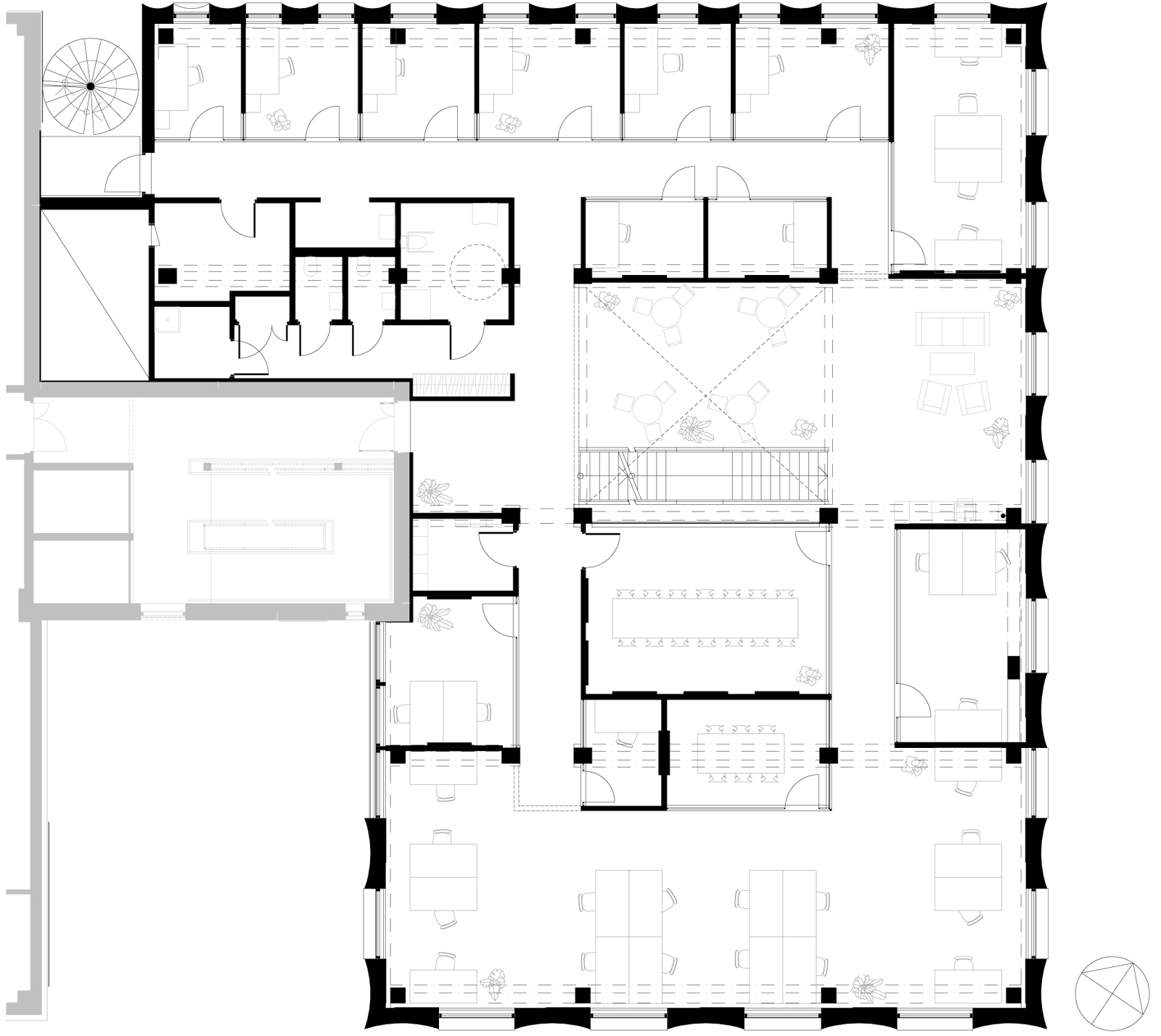 Plan av kontor og næringsbygg. Arkitekt tegning.