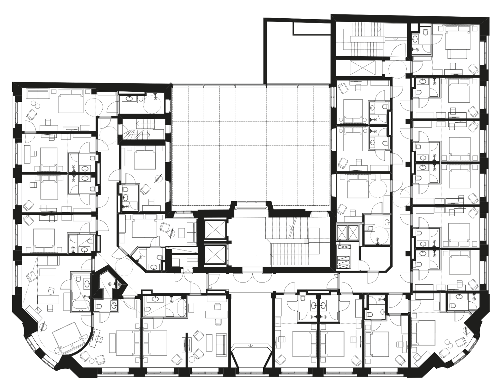 Andre etasje plan av hotell, flere hotellrom og lang gang. Arkitekt tegning.