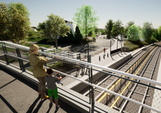 Illustrasjon av nye Diakonhjemmet stasjon på Holmenkollbanen i Oslo. En kvinne og et barn står på en gangbro og ser ned på t-banesporene.