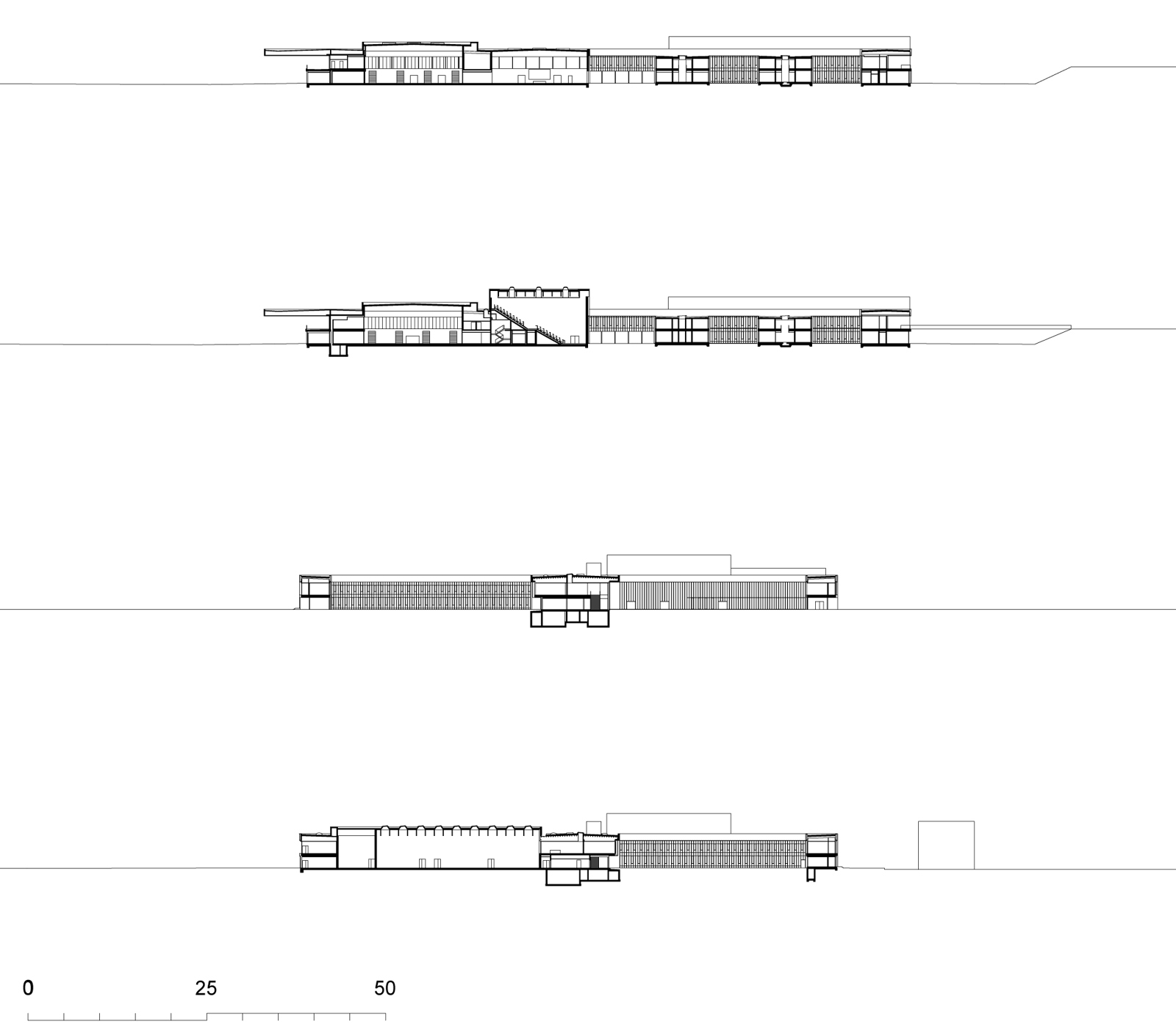 Fire snitt av et et stort to etasjers utdannings bygg. Arkitekt tegning.