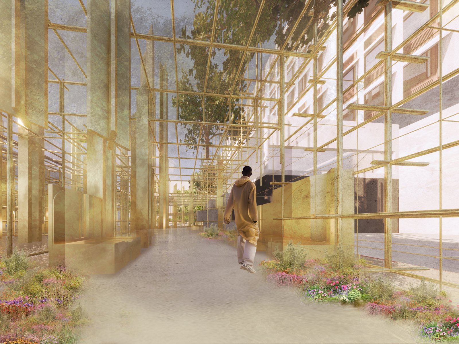Arkitekt rendering av konstruksjon, gylne farger.