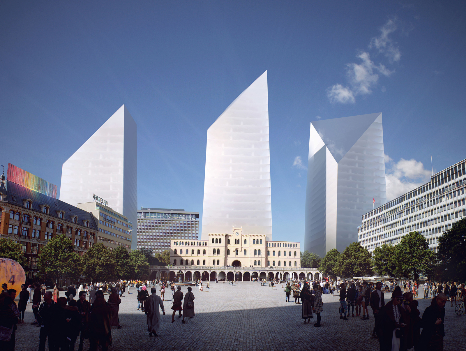 Tredimensjonell perspektiv av by. Arkitekt rendering og collage. 
