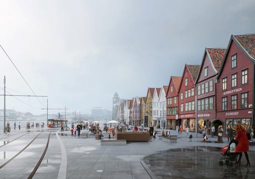 Bryggen i Bergen med bybanen gående igjennom. Illustrasjon.