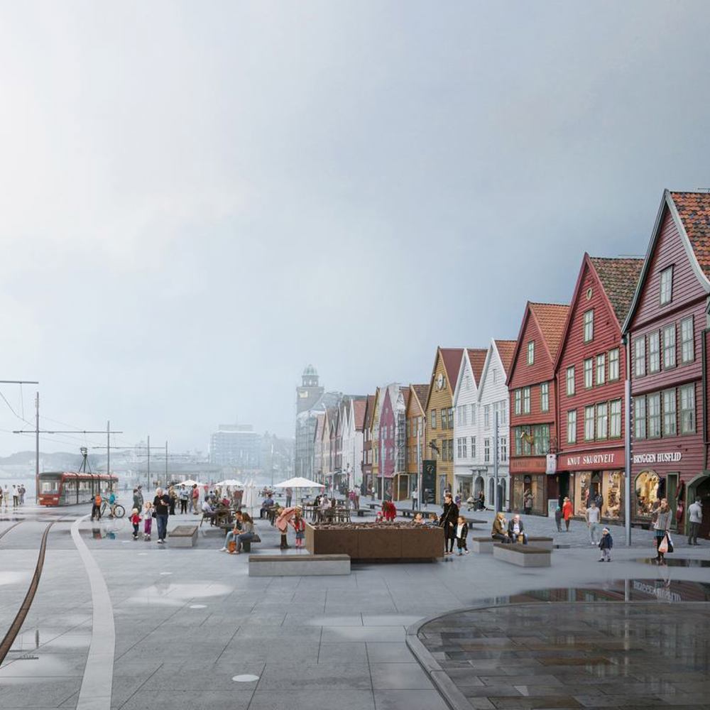 Bryggen i Bergen med bybanen gående igjennom. Illustrasjon.