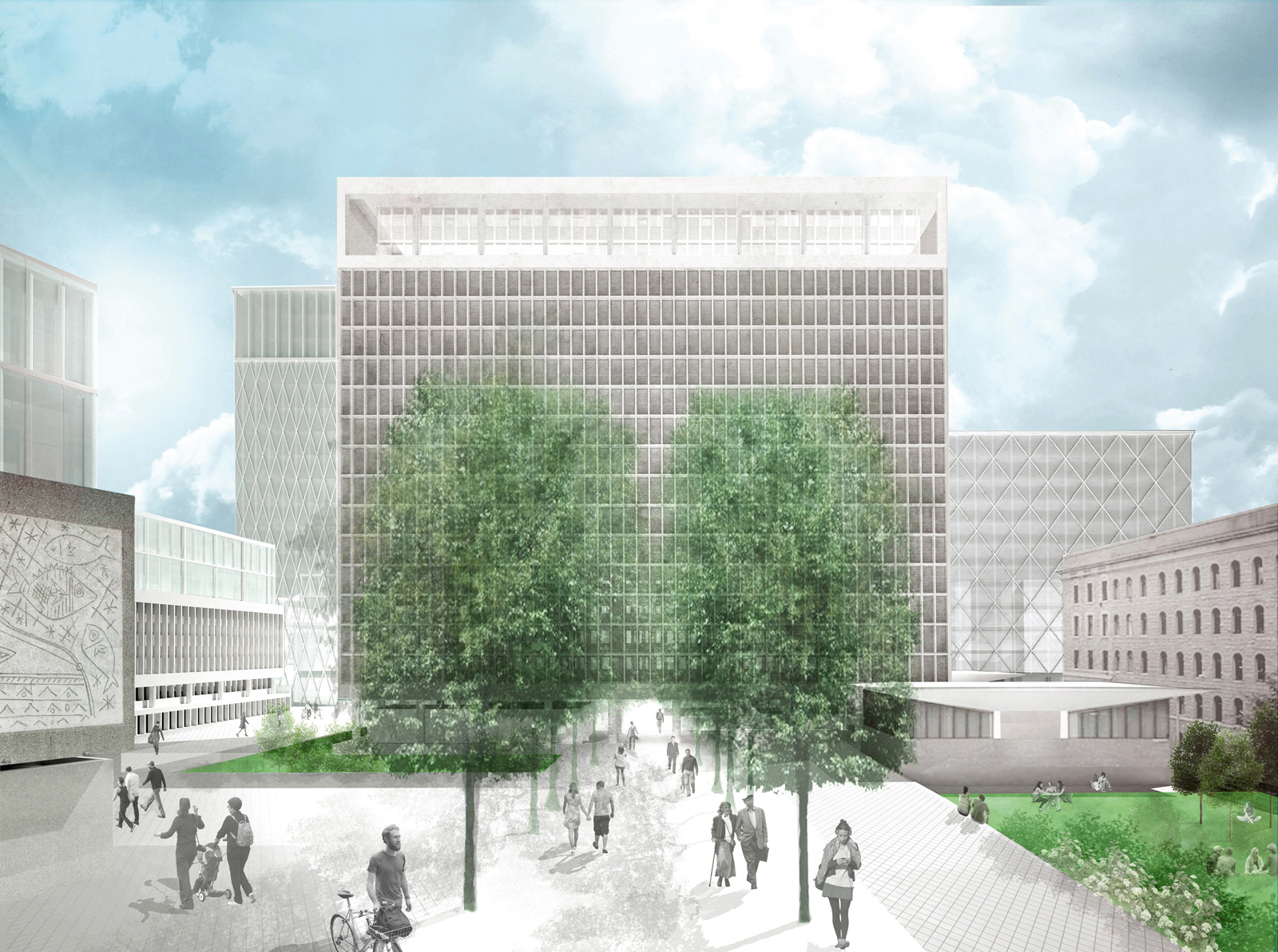 Tredimensjonelt perspektiv av by, park, trær, mennesker som er ute og går. Arkitekt illustrasjon.