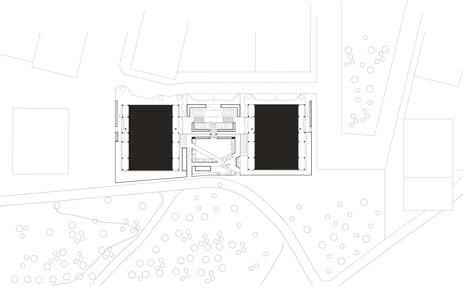 Situasjonsplan som viser leilighetsbygg i kontekst, arkitekt tegning.