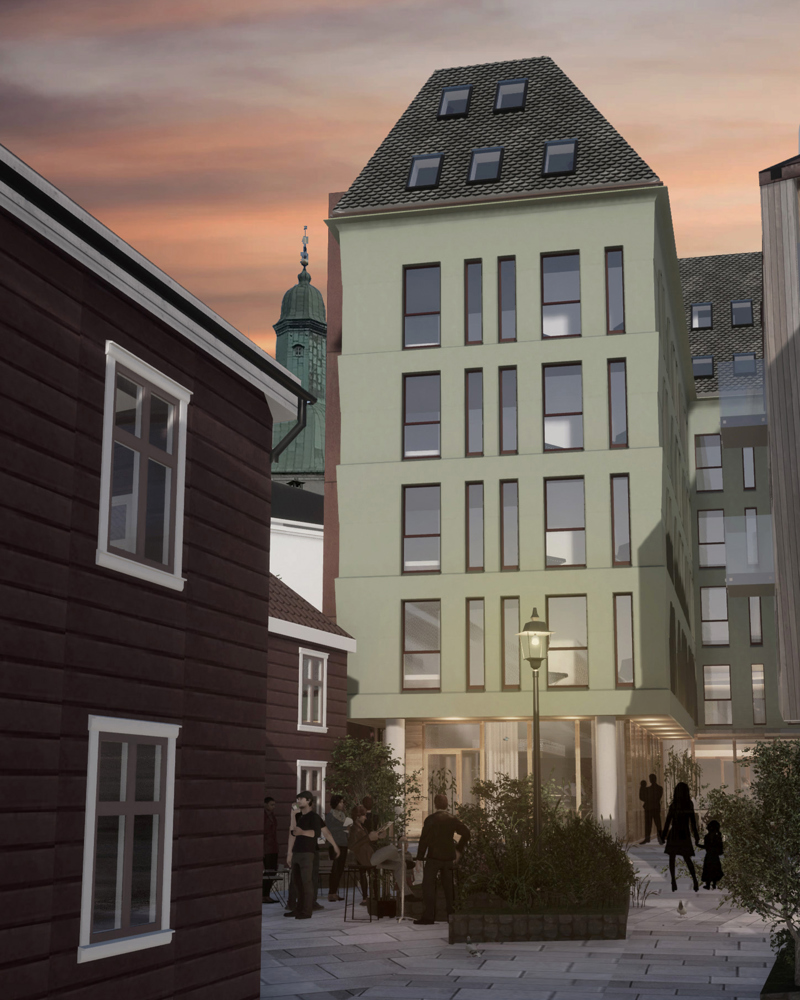 Nytt 7 etasjers bygg mellom trehus, med en plass fremfor med mennesker, lyktestolpe. Illustrasjon.