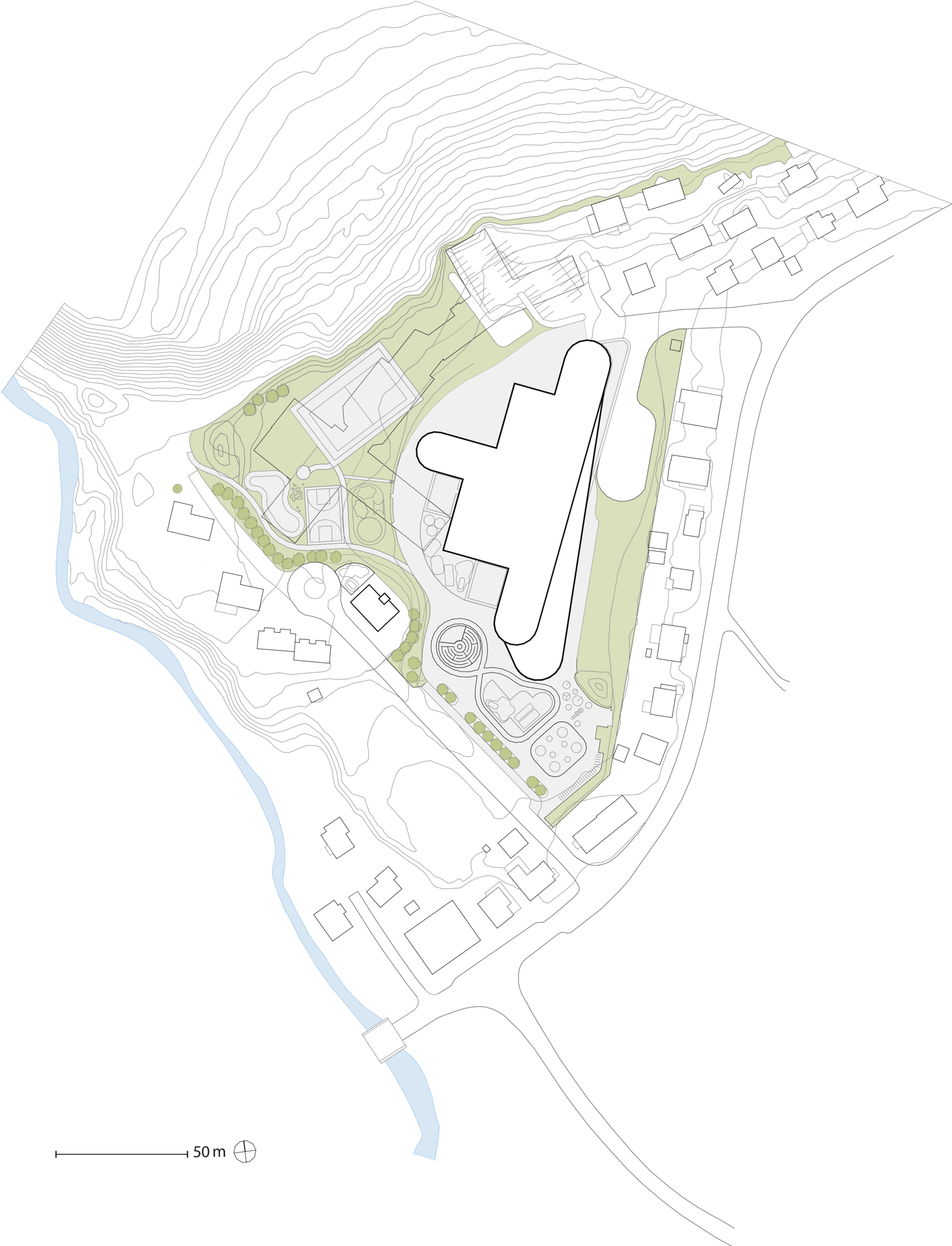 Arkitekt tegning. Situasjonsplan som viser skole i kontekst. 