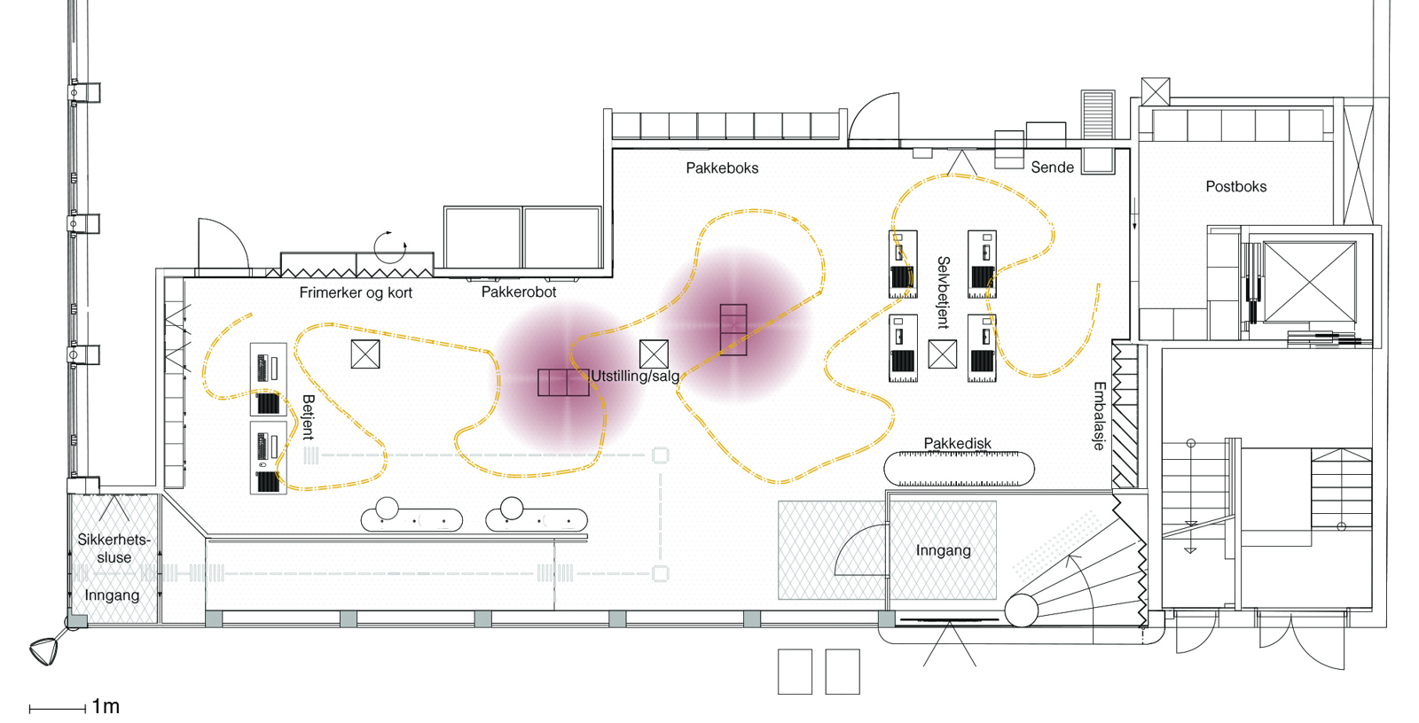 Plan av tredje etajse på Posten Flagship, viser møblering og soner, arkitekt tegning.