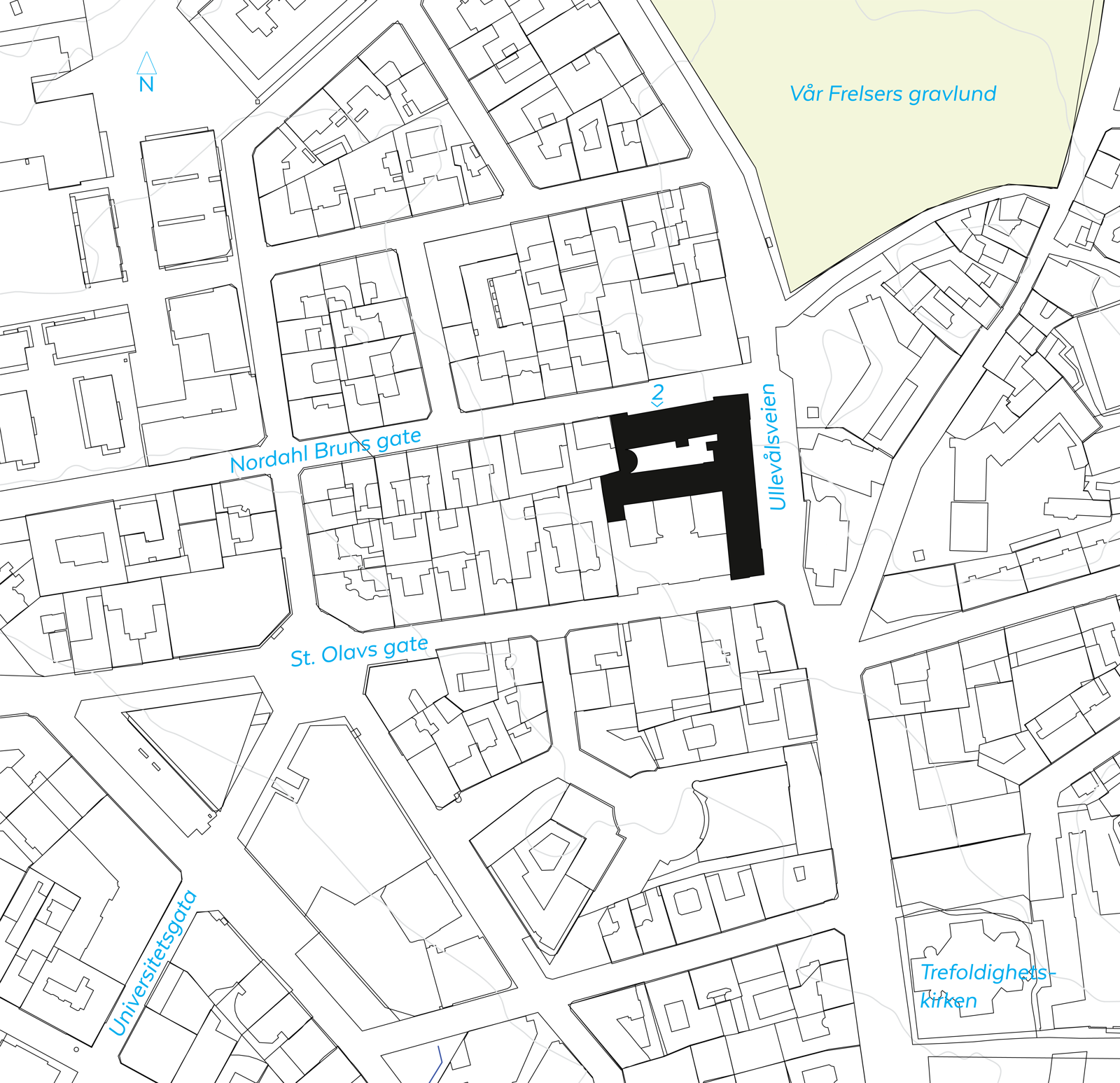 Situasjonsplan av by med uthevet skole. Arkitekt tegning.
