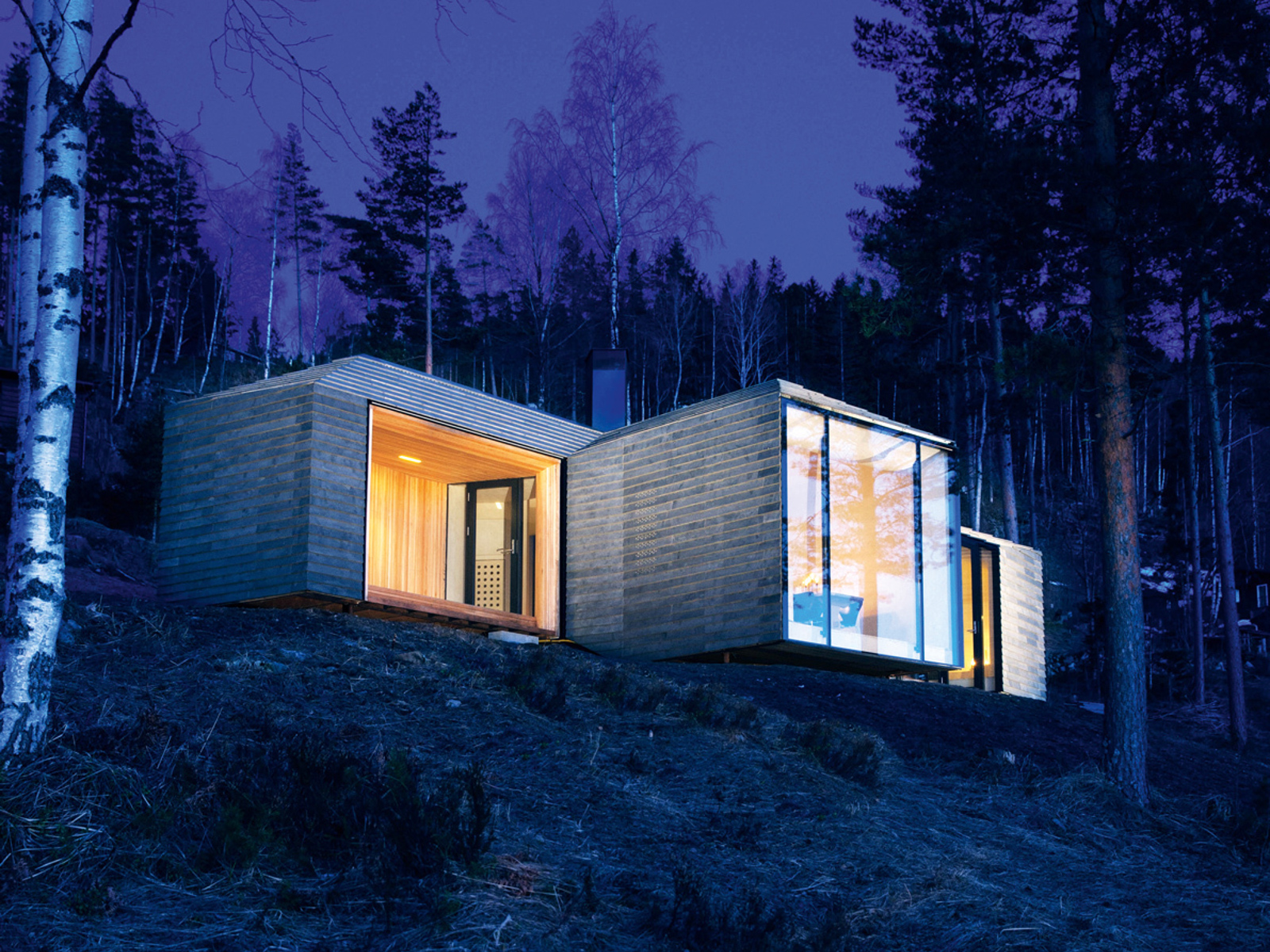 Eksteriør foto av fasade på hytte, store reflekterende vindu, skog i bakgrunnen. Kvelds setting.