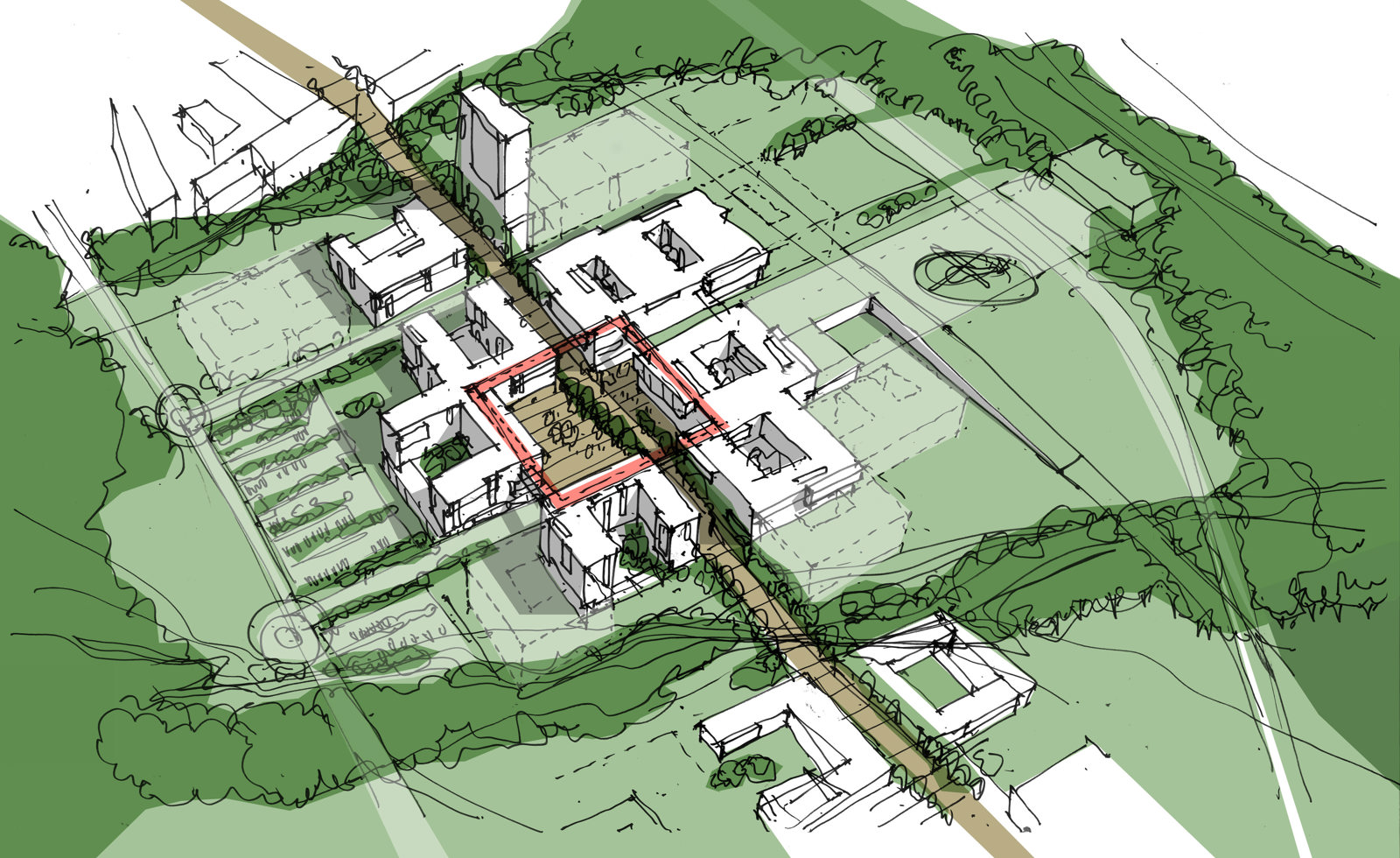 Håndskisse som viser sykehus konsept.