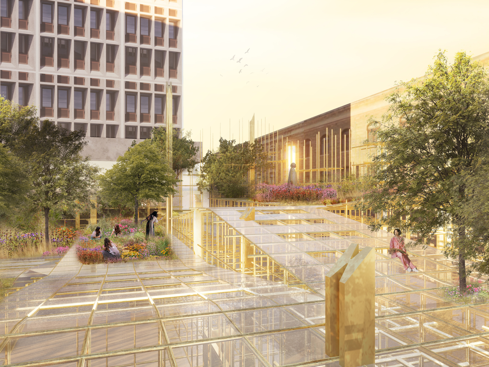Arkitekt rendering av offentlig plass, gylne farger.