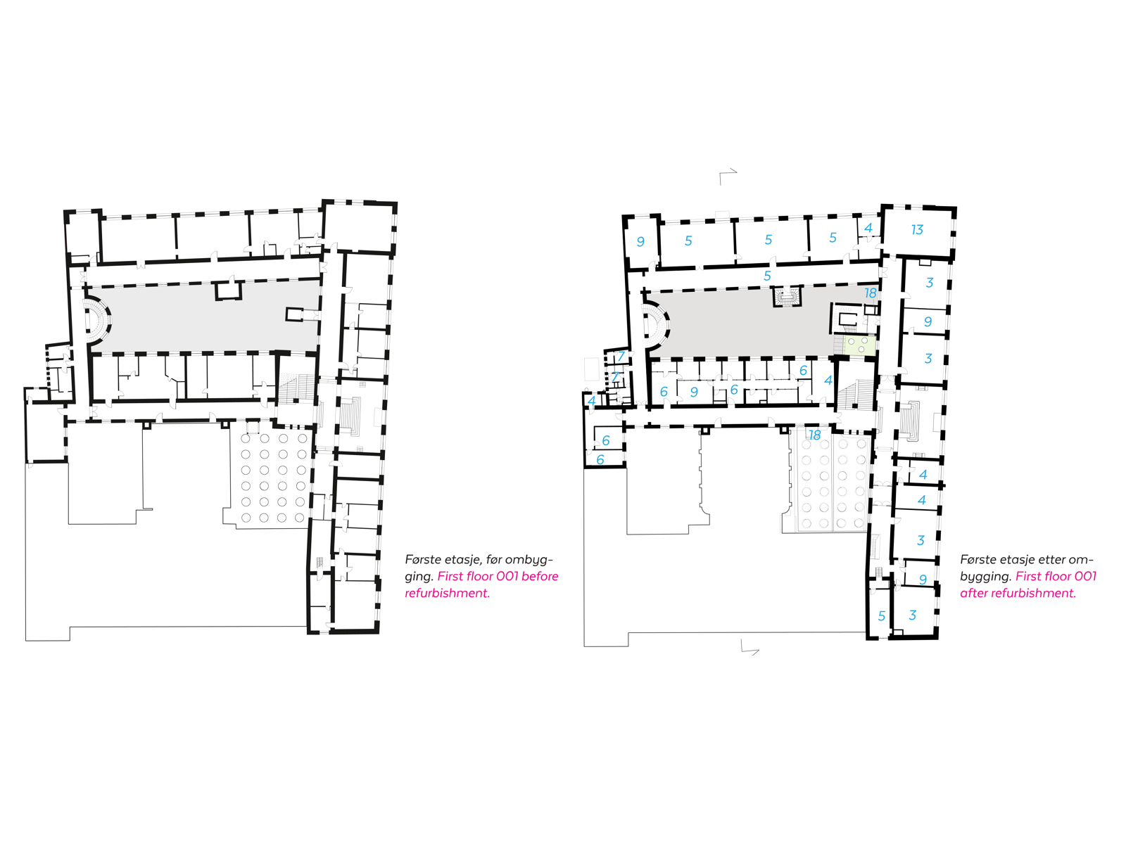 Plantegning av skole før og etter transformasjon. Arkitekt tegning.