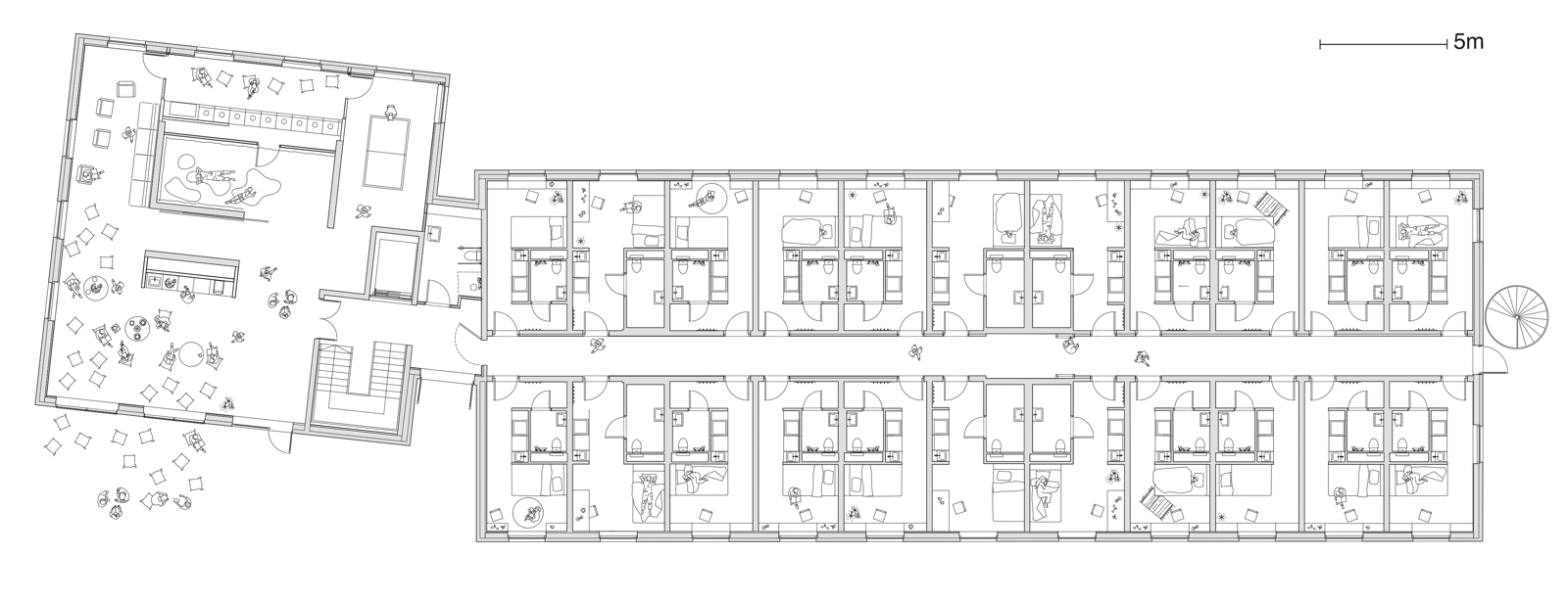 Første etasje plan på en studentbolig blokk, arkitekt tegning.