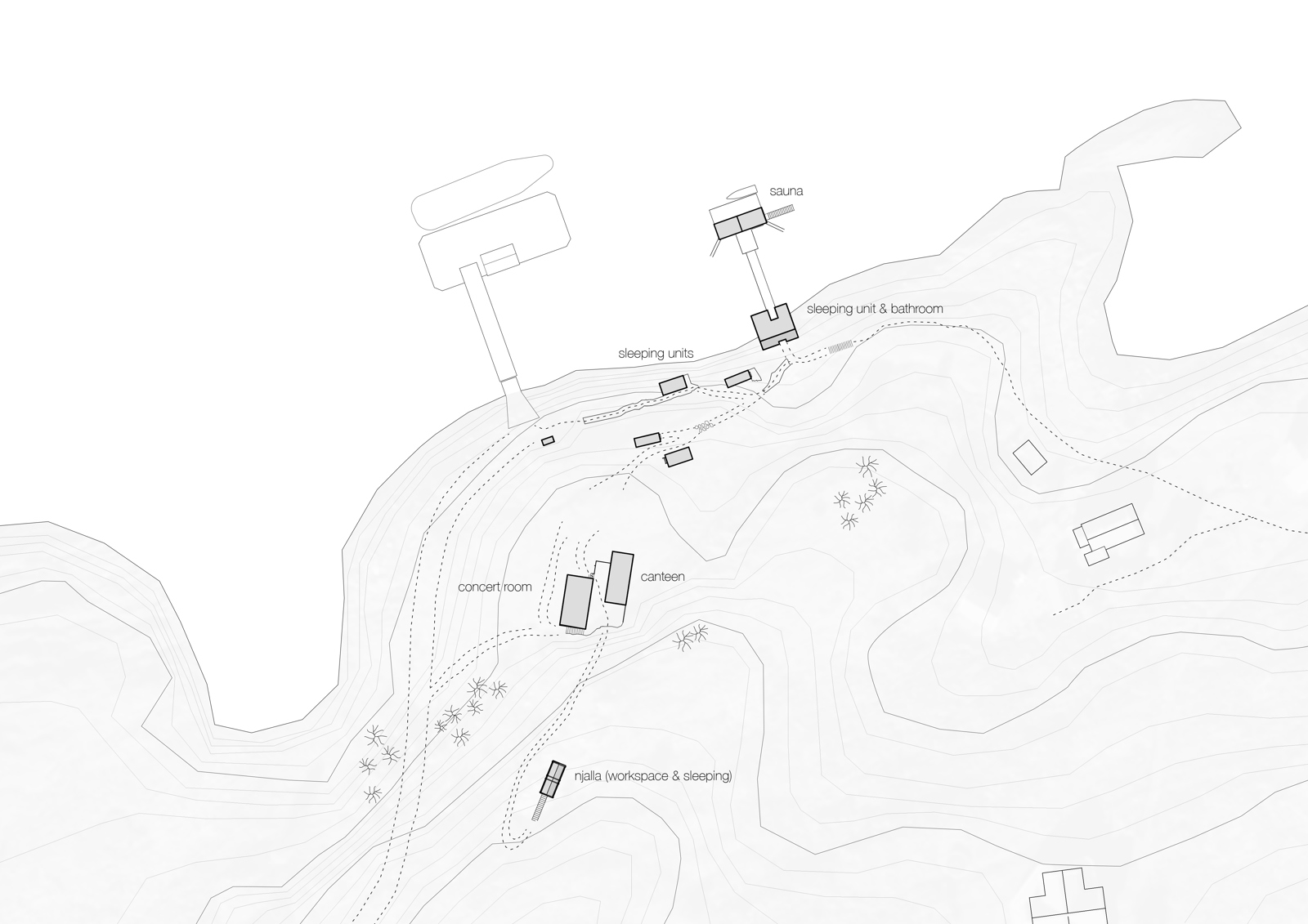 Situasjonsplan, hytter på en øy. Arkitekt tegning. 