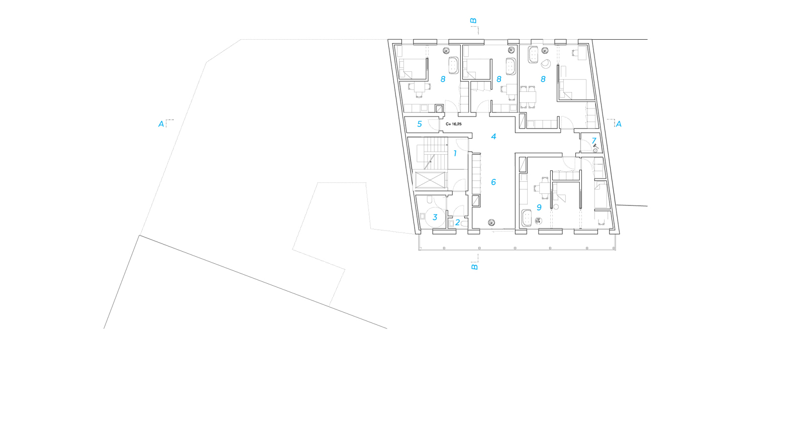 Plantegning av andre etasje på hjørneblokk. Arkitekt tegning.