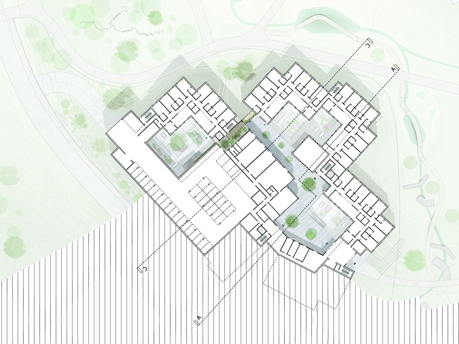 1 etasje plan som viser Furuset hageby og omliggende landskap. Arkitekt tegning.