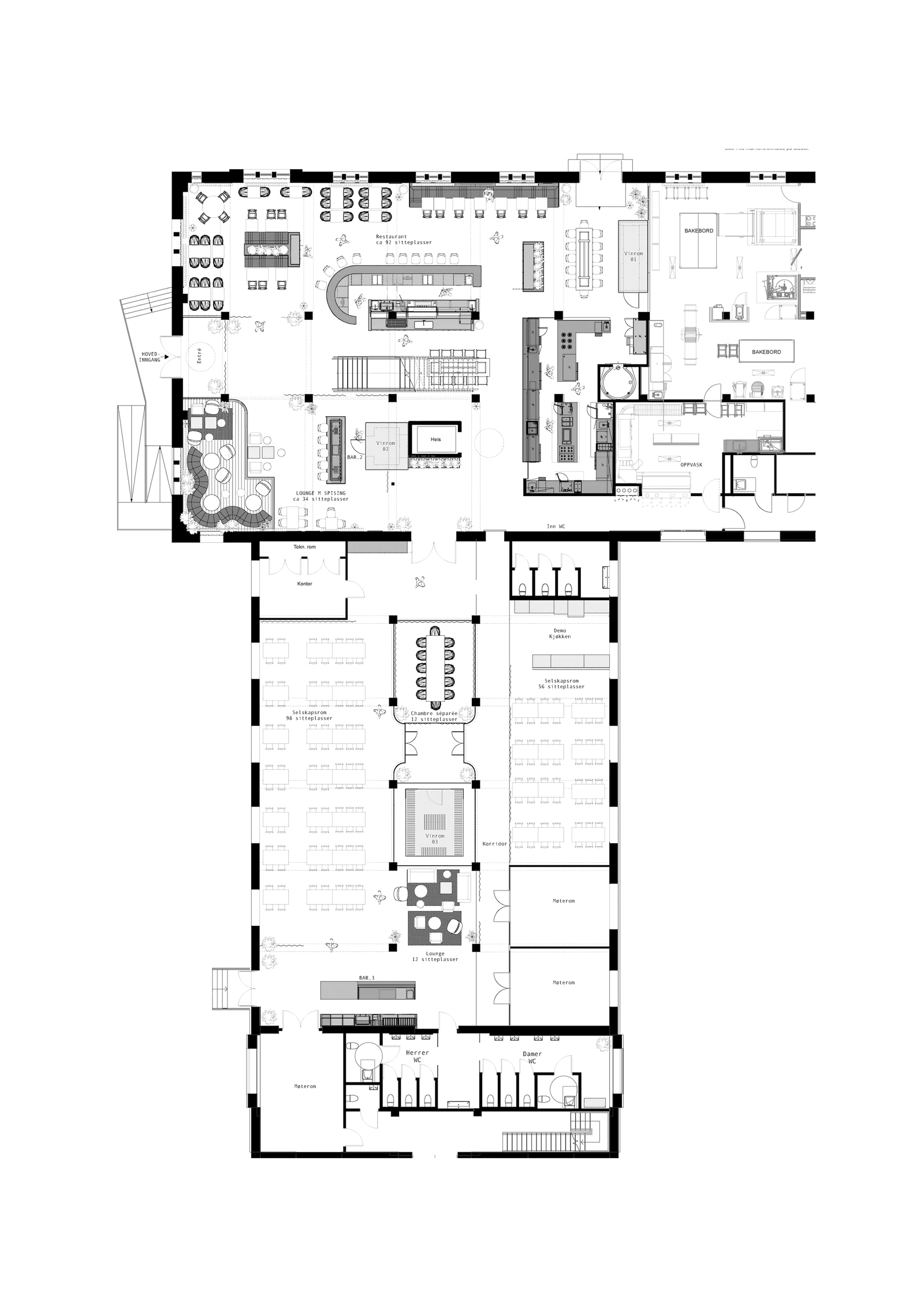 Plantegning av møblering av første etasje på Tollbua, restaurant lokaler, arkitekt tegning.