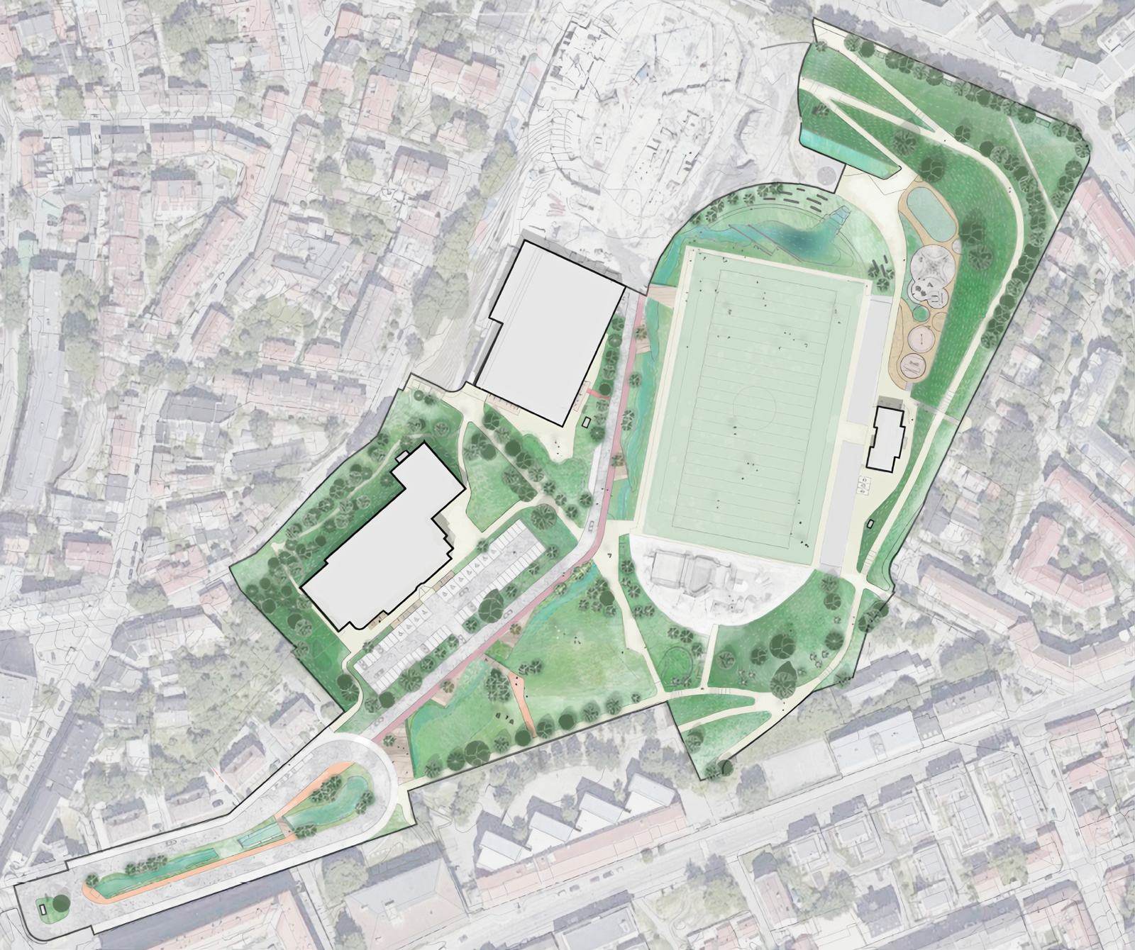 Landskapsplan over park og idrettsområde. Arkitekt tegning.