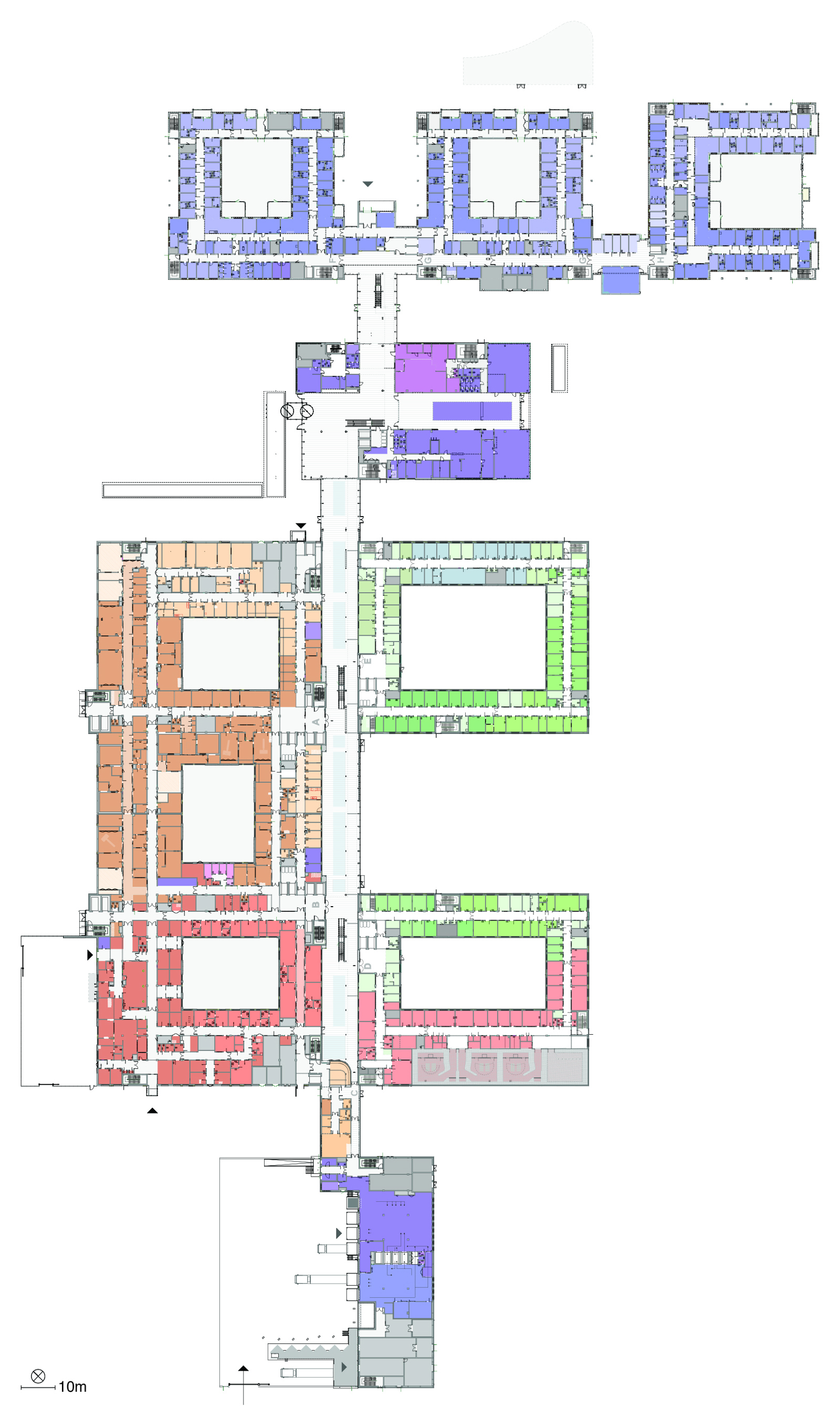 Første etasje plan over Drammen sykehus med ulike farger som indikerer funksjon. Arkitekt tegning.