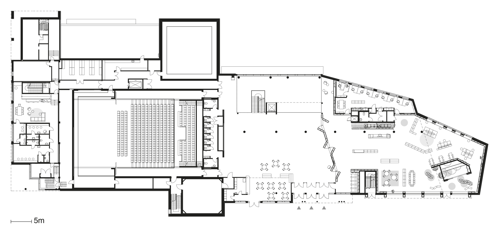 Plan tegning av Steinkjær kulturhus med møblering, arkitekt tegning. 
