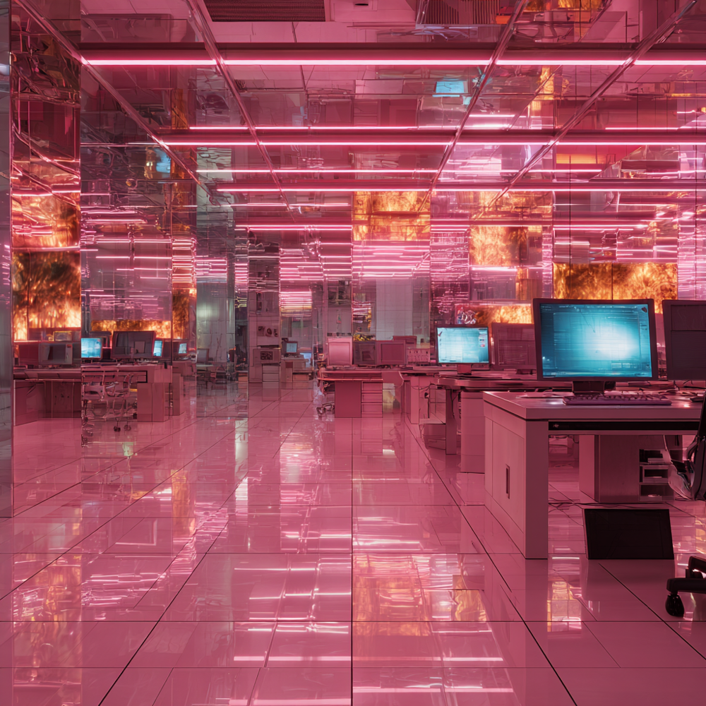 Illustrasjon av et kontorlokale med reflekterende overflate, rosa lys og blå skjermer.