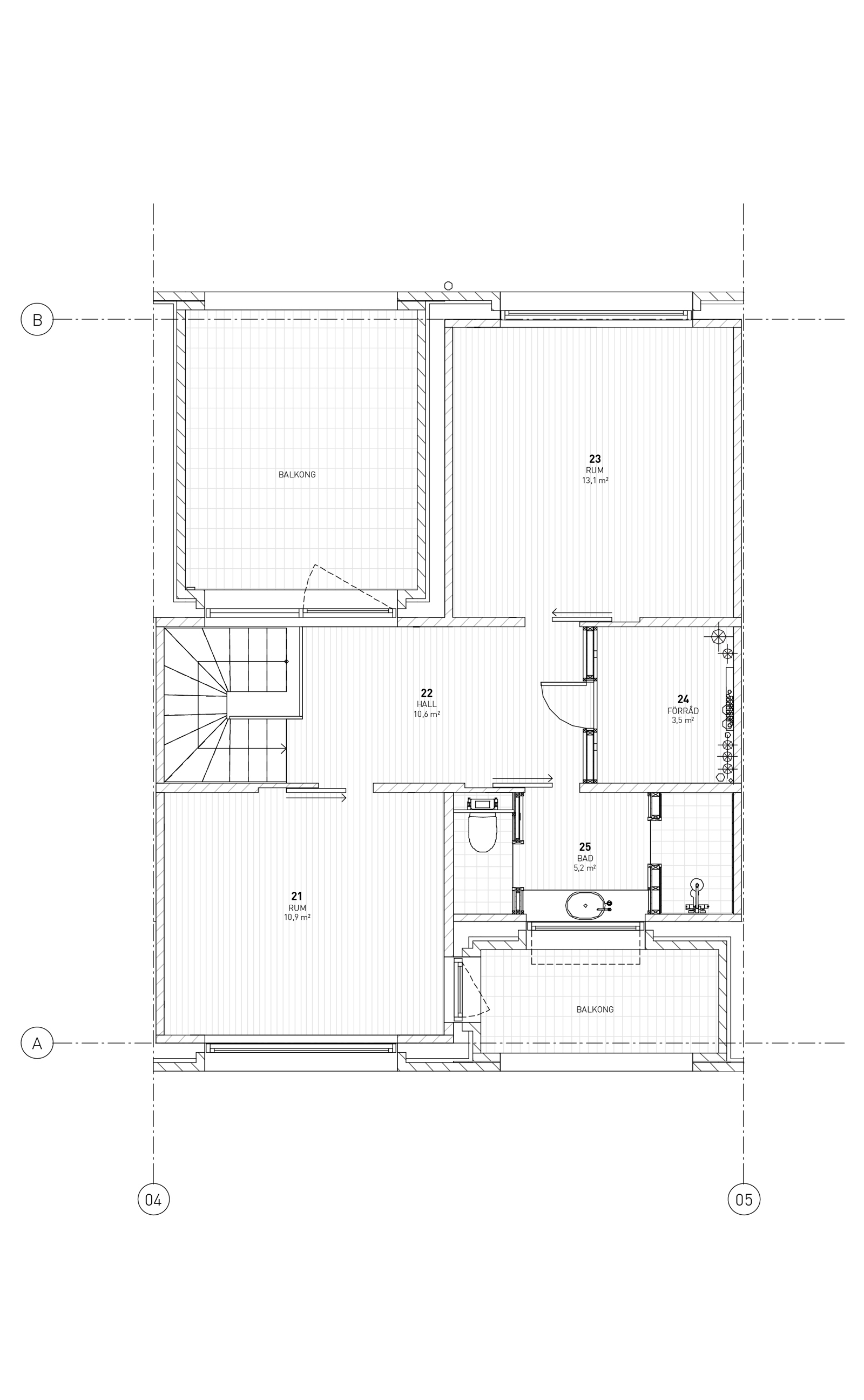 Plantegning av tredje etasje på en bolig i et rekkehus. Arkitekt tegning.