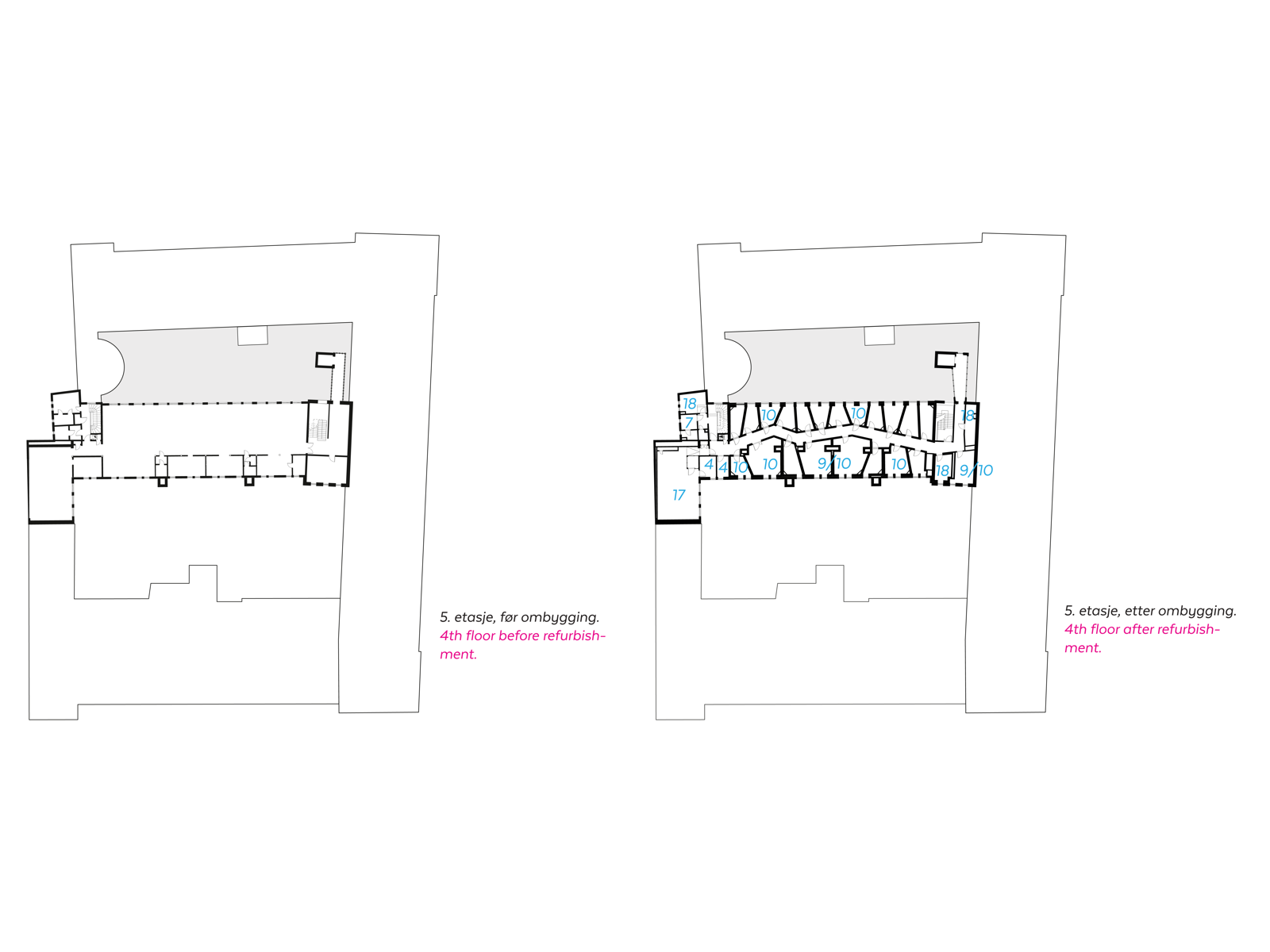 Femte etasje på skole før og etter transformasjon. Arkitekt tegning.