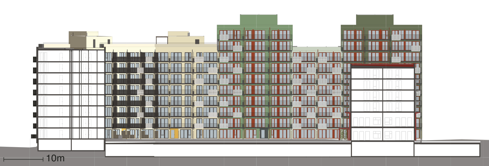 Snitt gjennom boligkvartal, arkitekt tegning.