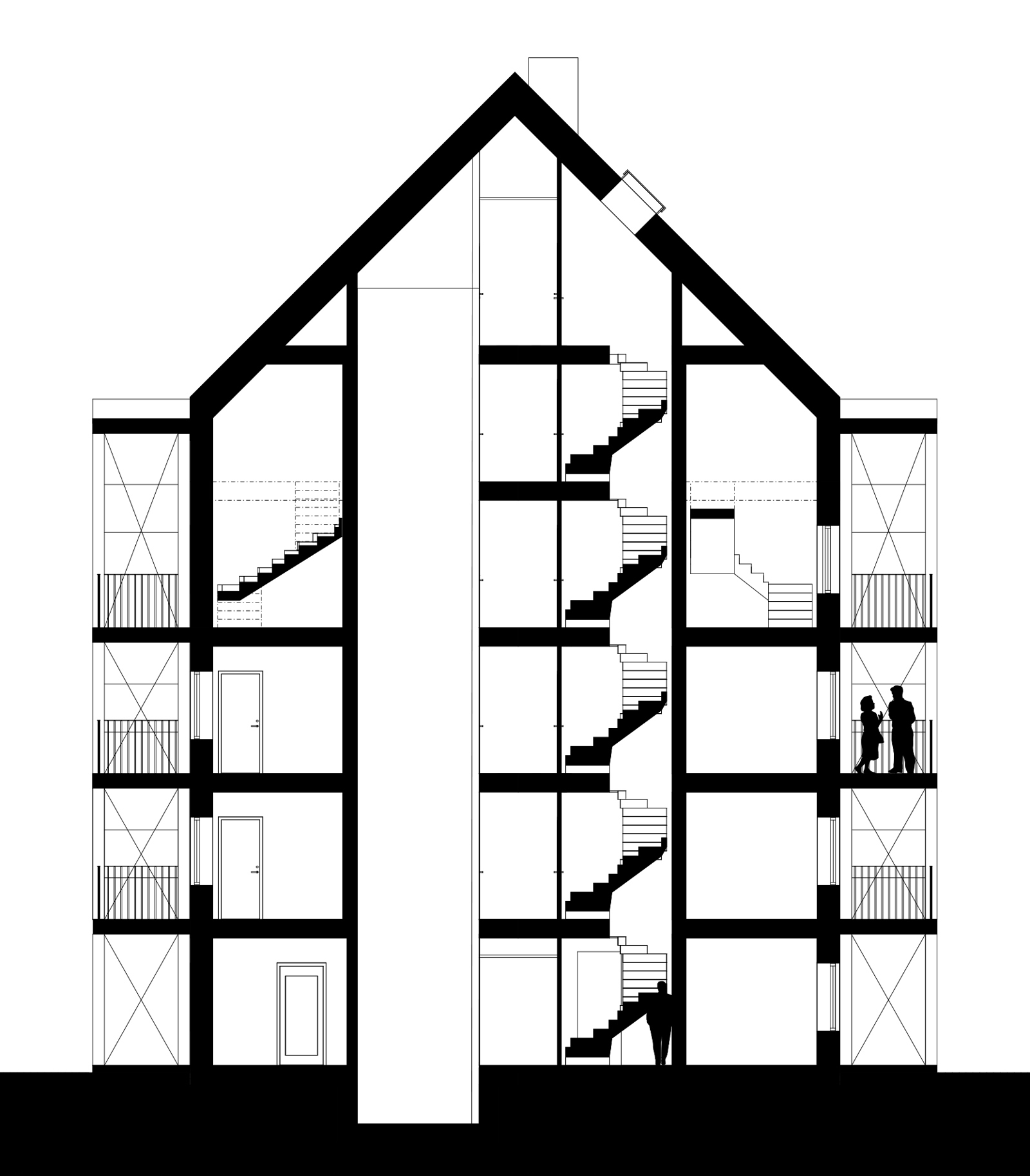 Snitt gjennom leilighetsbygg. Arkitekt tegning.