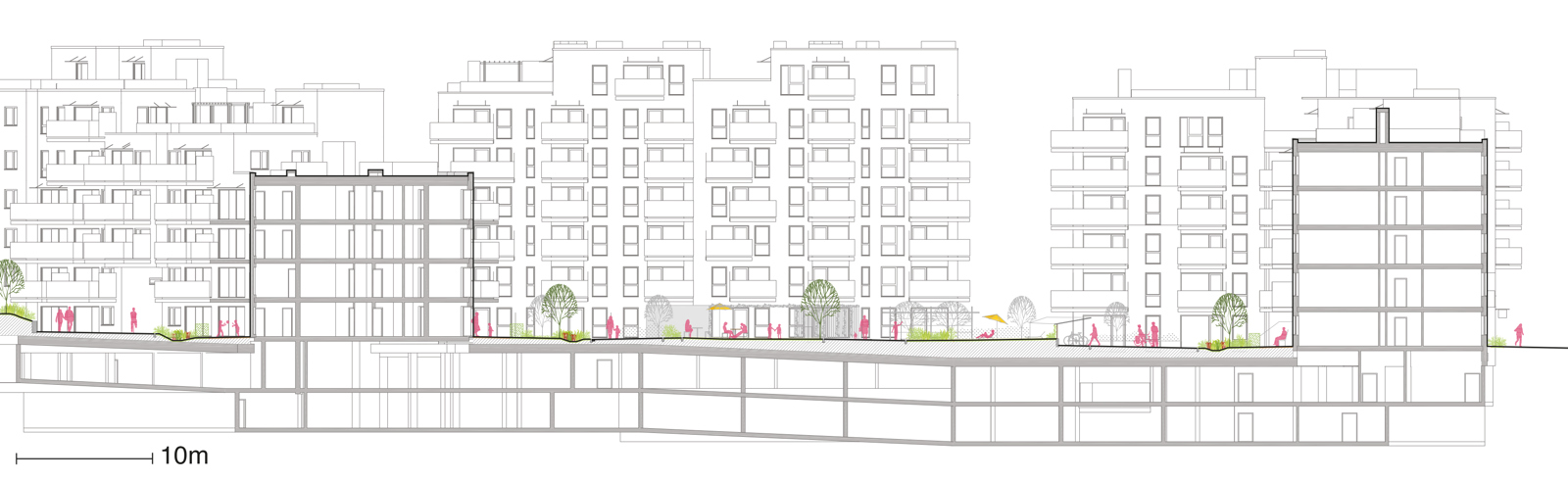 Snitt gjennom boligkvartal med bakgård i mellom, arkitekt tegning. 
