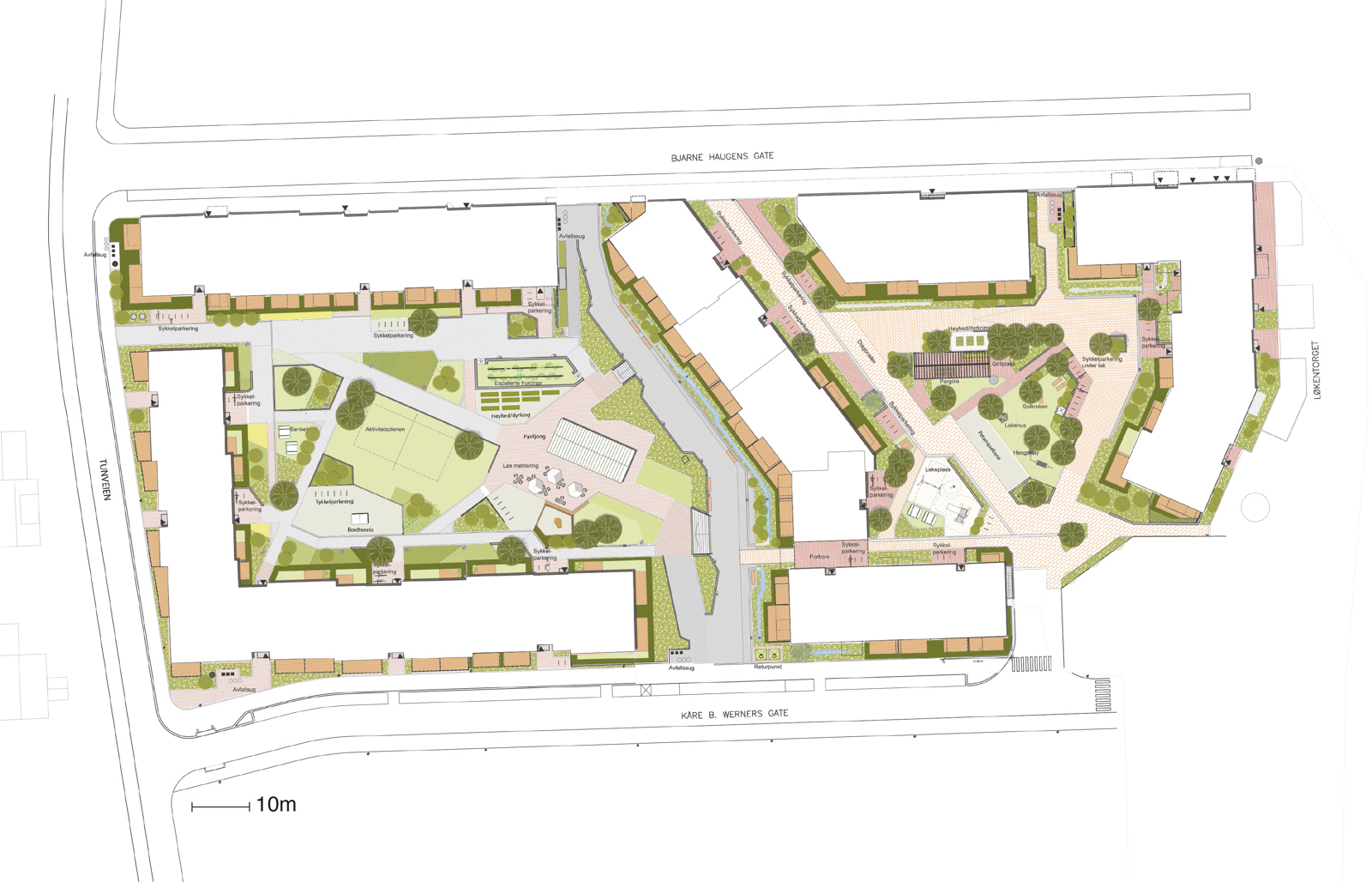 Plan som viser utenomhus i boligkvartal med to bakgårder. Arkitekt tegning.