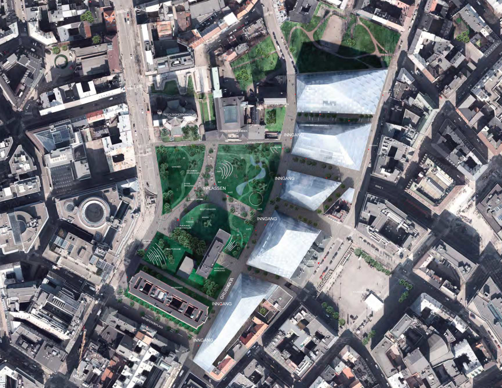 Tredimensjonell plan som viser forhold mellom by og plasser. Arkitekt illustrasjon.