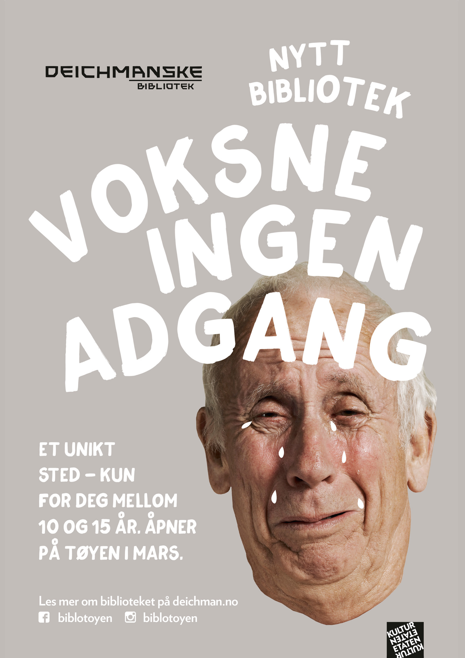 Plakat med tekst og en gammel mann som gråter. 